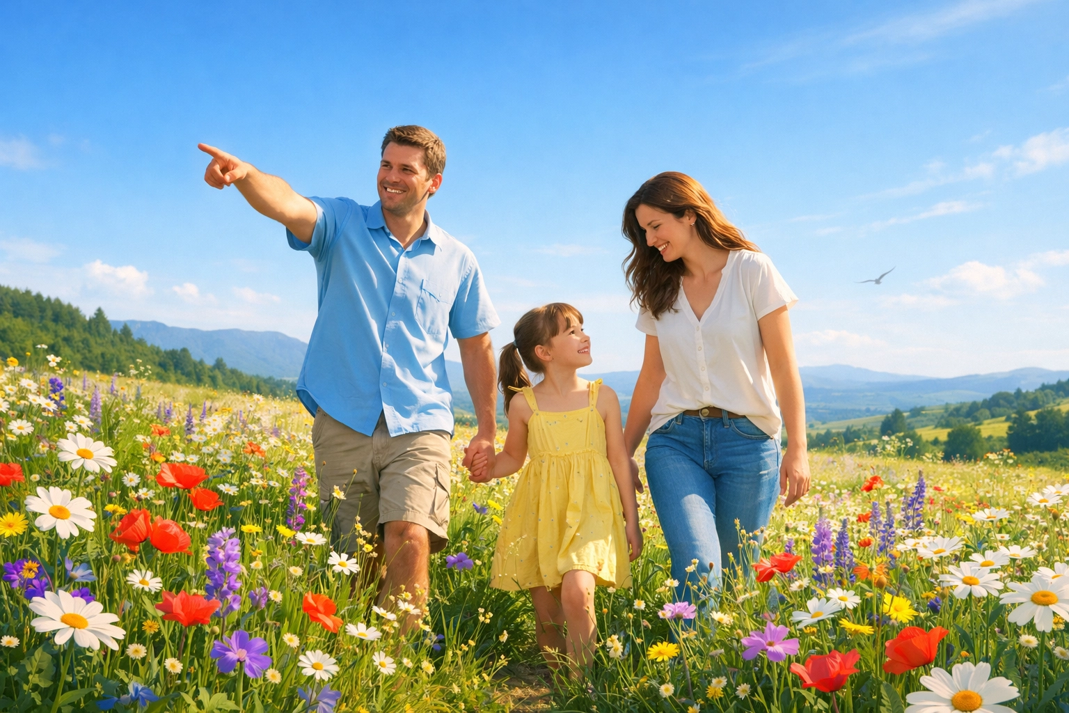 A joyful Christian family walking in a meadow, representing mindfulness and finding peace in God’s creation.