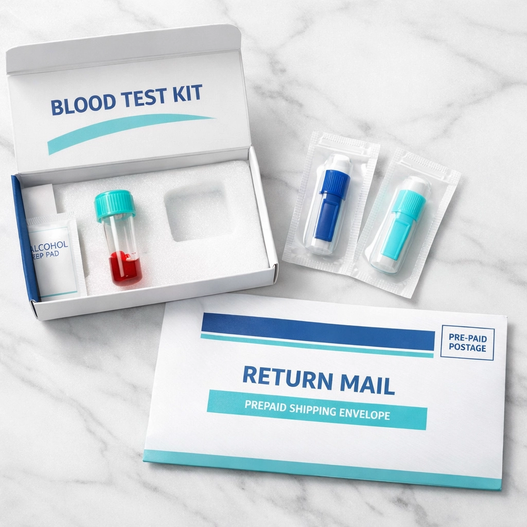 Testosterone home test kit UK with finger-prick blood collection supplies