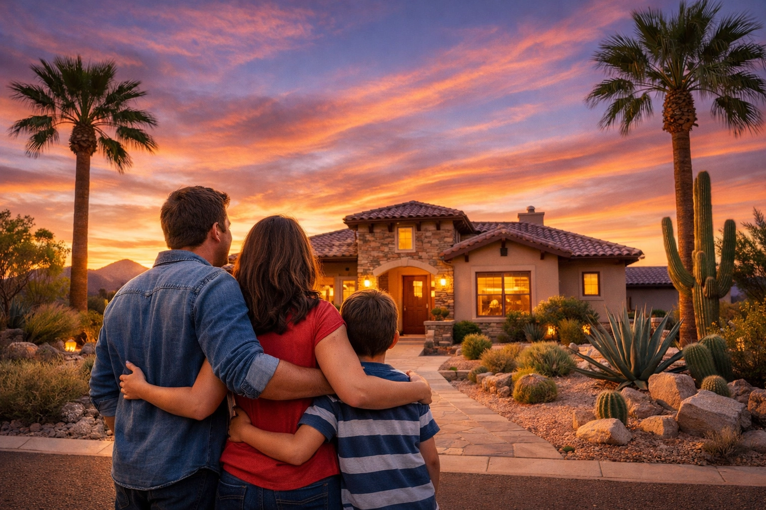 Family standing outside their Arizona home at sunset after completing their home loan journey.
