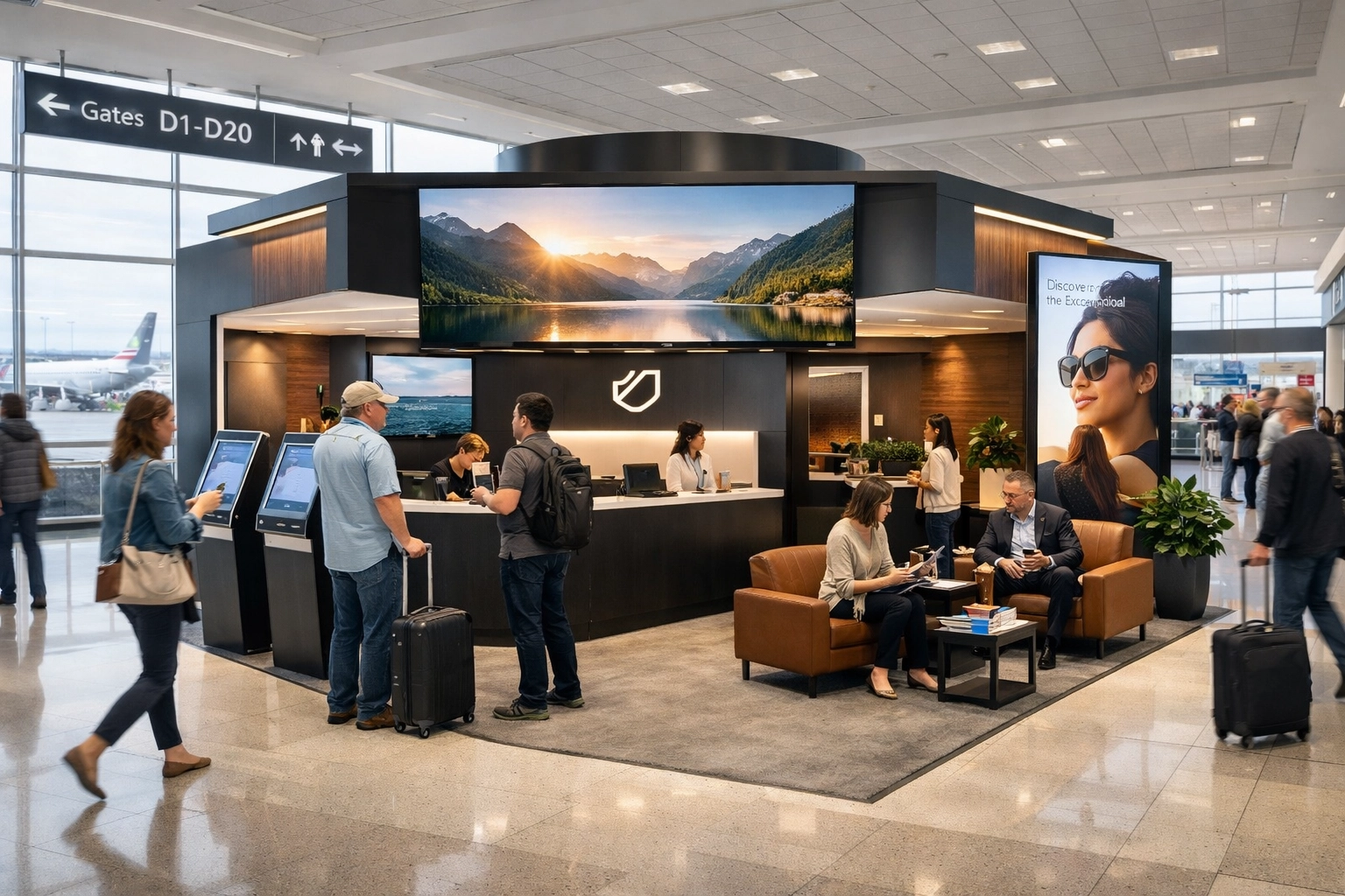 A modern, inclusive brand activation booth providing an immersive experience for travelers in an airport.