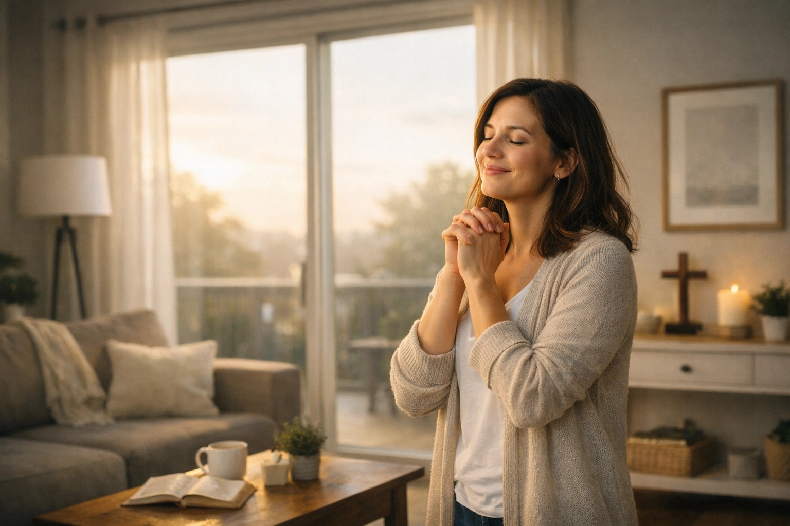 A woman praying by a sunlit window, experiencing anxiety relief and the peace of God in her modern home.