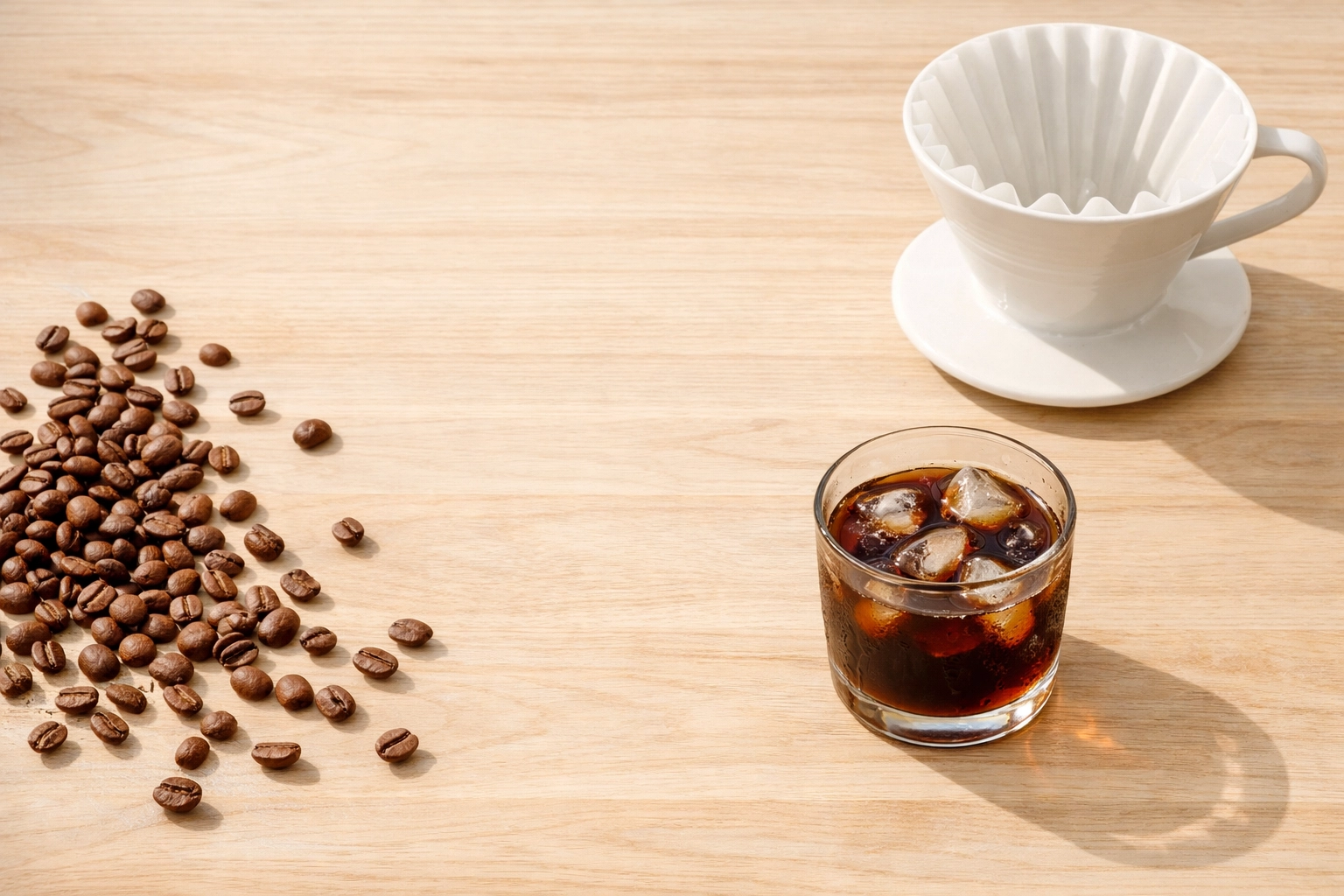 Medium roast coffee beans and cold brew concentrate glass on wooden surface
