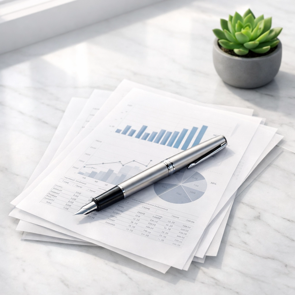 Silver pen on startup financial reports highlighting positive contribution margins for investors.