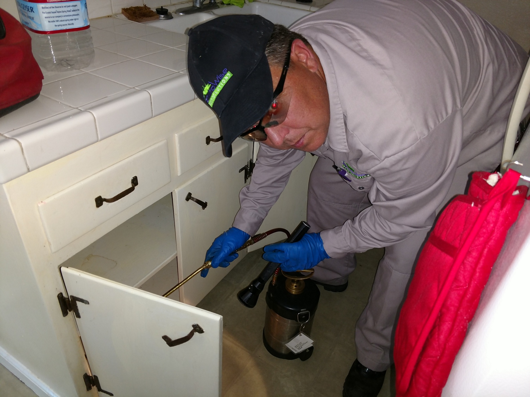 EnviroWise Pest Solutions technician treating kitchen cabinet