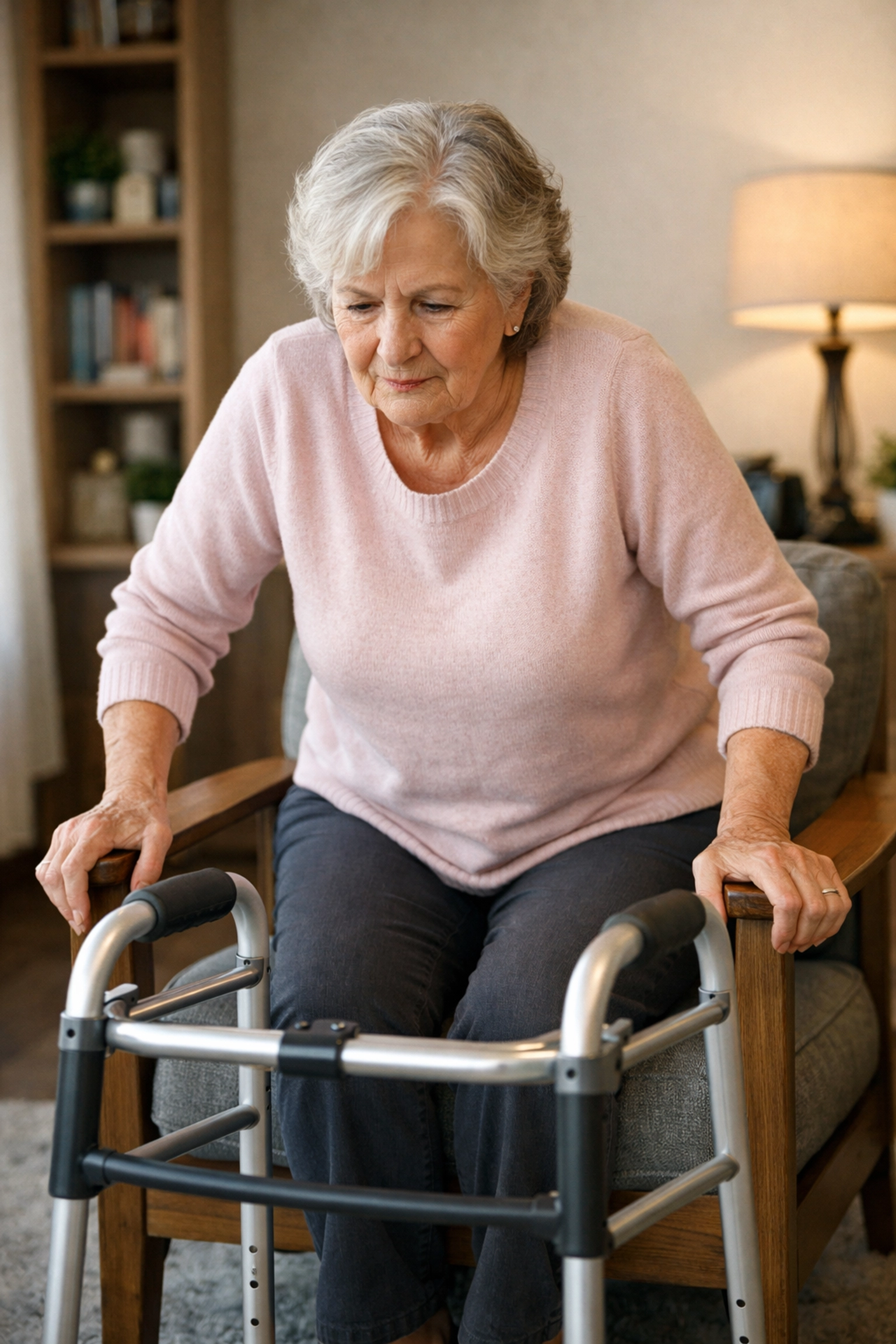 Senior woman safely pushing up from an armchair using armrests instead of pulling on her walker.