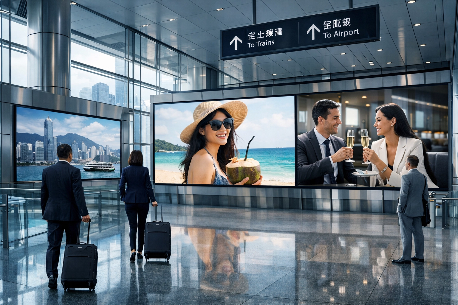 Modern digital screens in a Hong Kong transportation hub reaching a global audience of travelers.