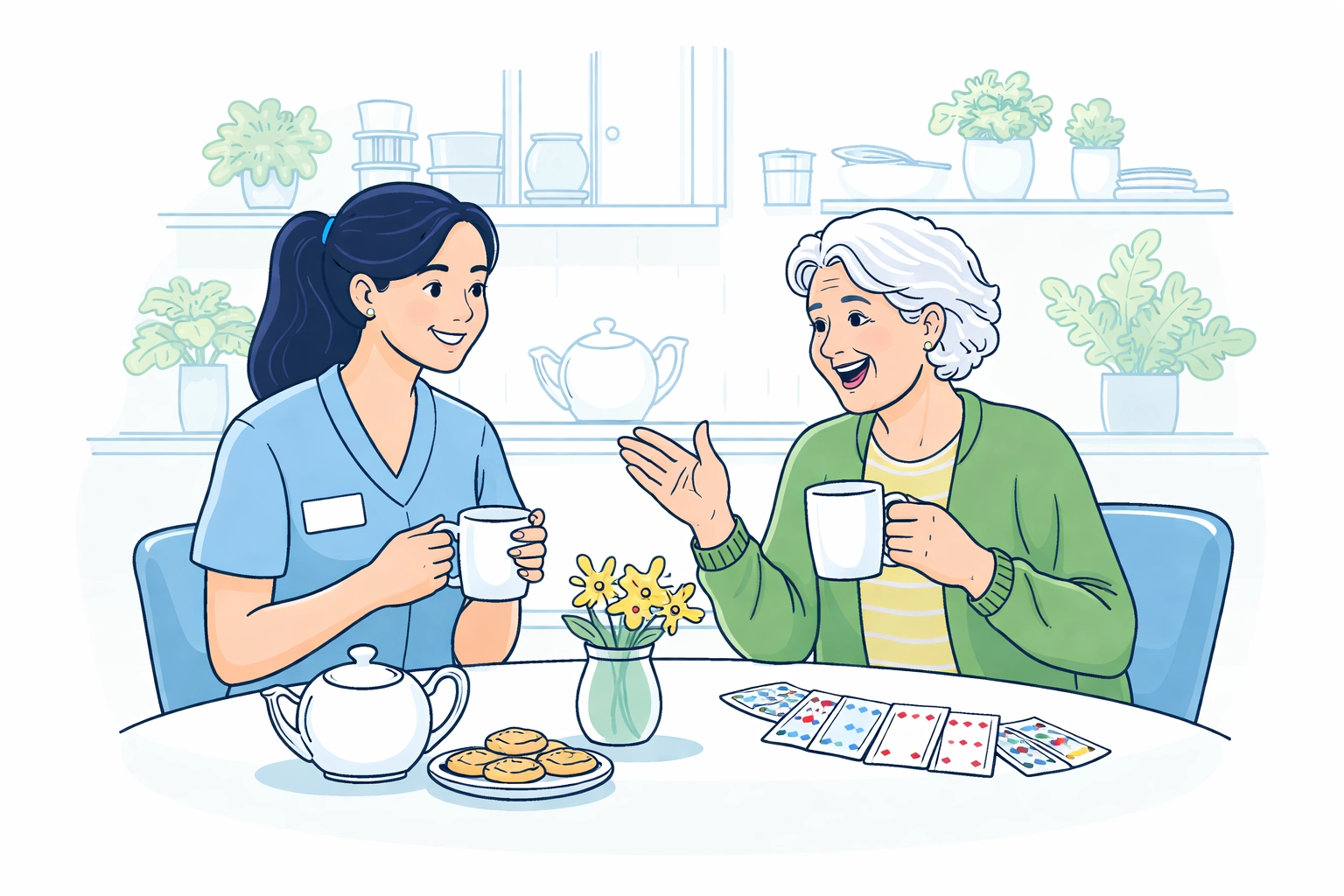 Companion caregiver and senior woman enjoying tea and conversation together at home
