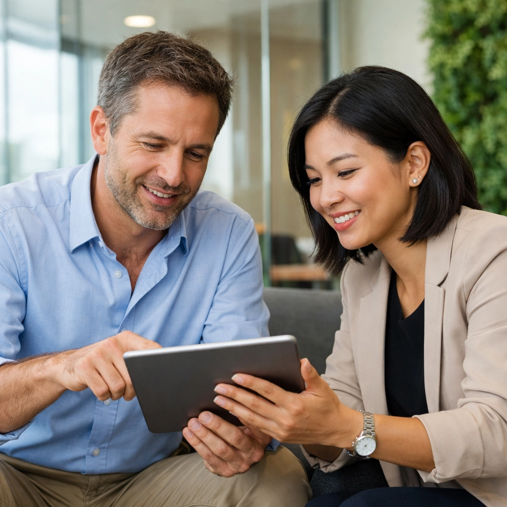 Startup founder and bookkeeping expert reviewing financial burn rate and margins on a tablet.