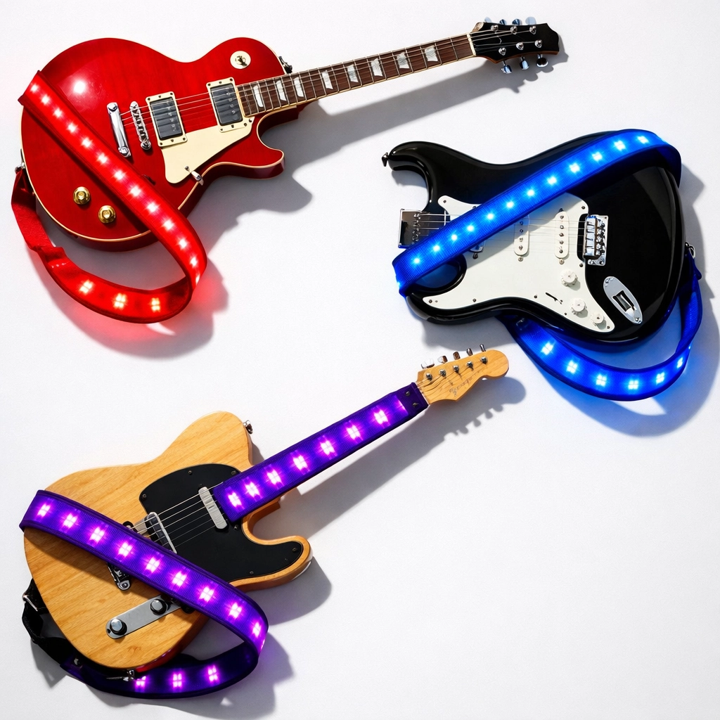 Red, blue, and purple LED guitar straps on different guitar finishes side by side