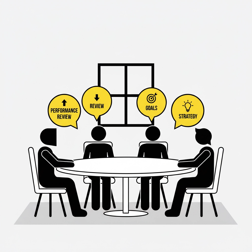 Four people sit around a table with speech bubbles: "Performance Review," "Review," "Goals," "Strategy." Yellow and black color scheme.
