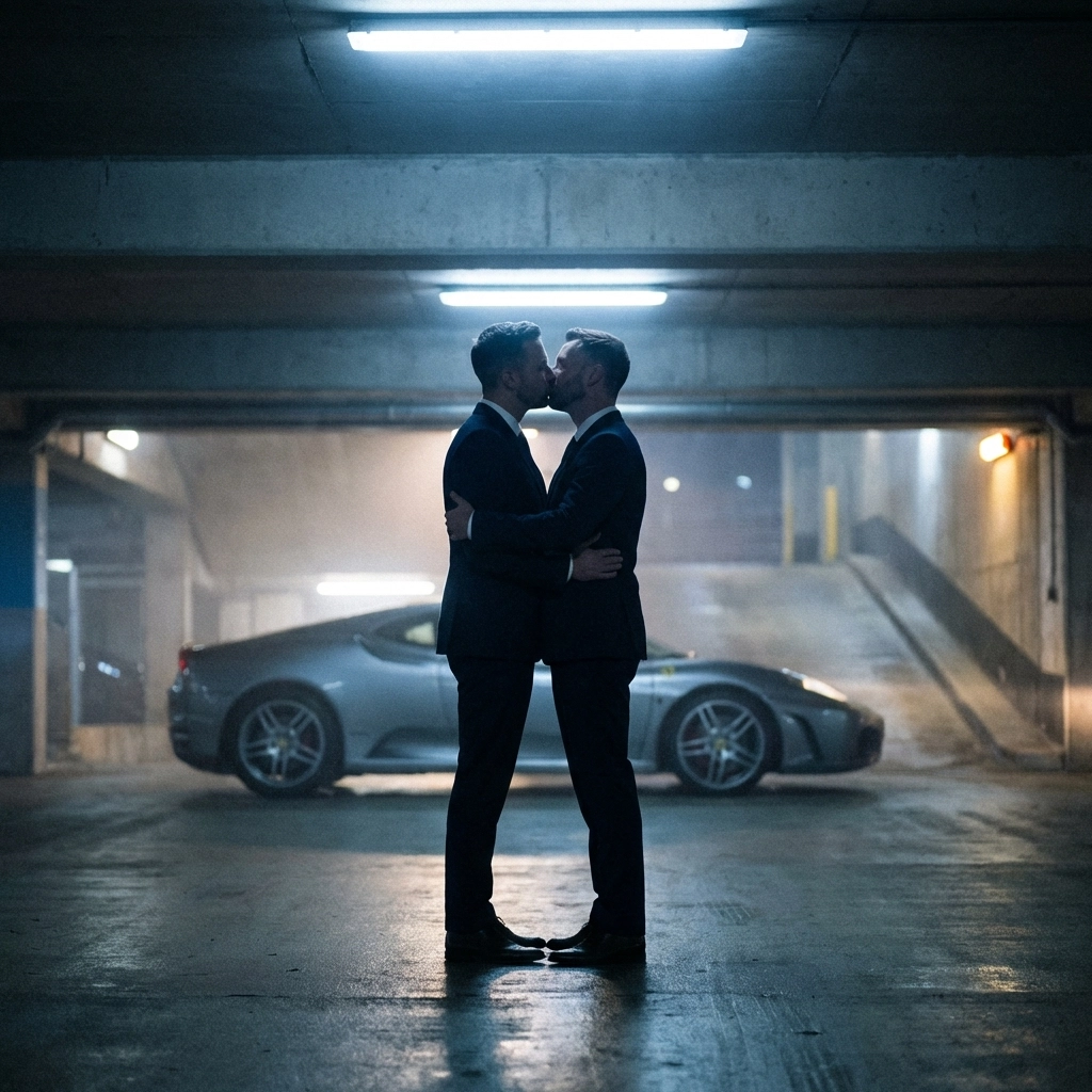MM romance first kiss between luxury car collectors in garage with supercar