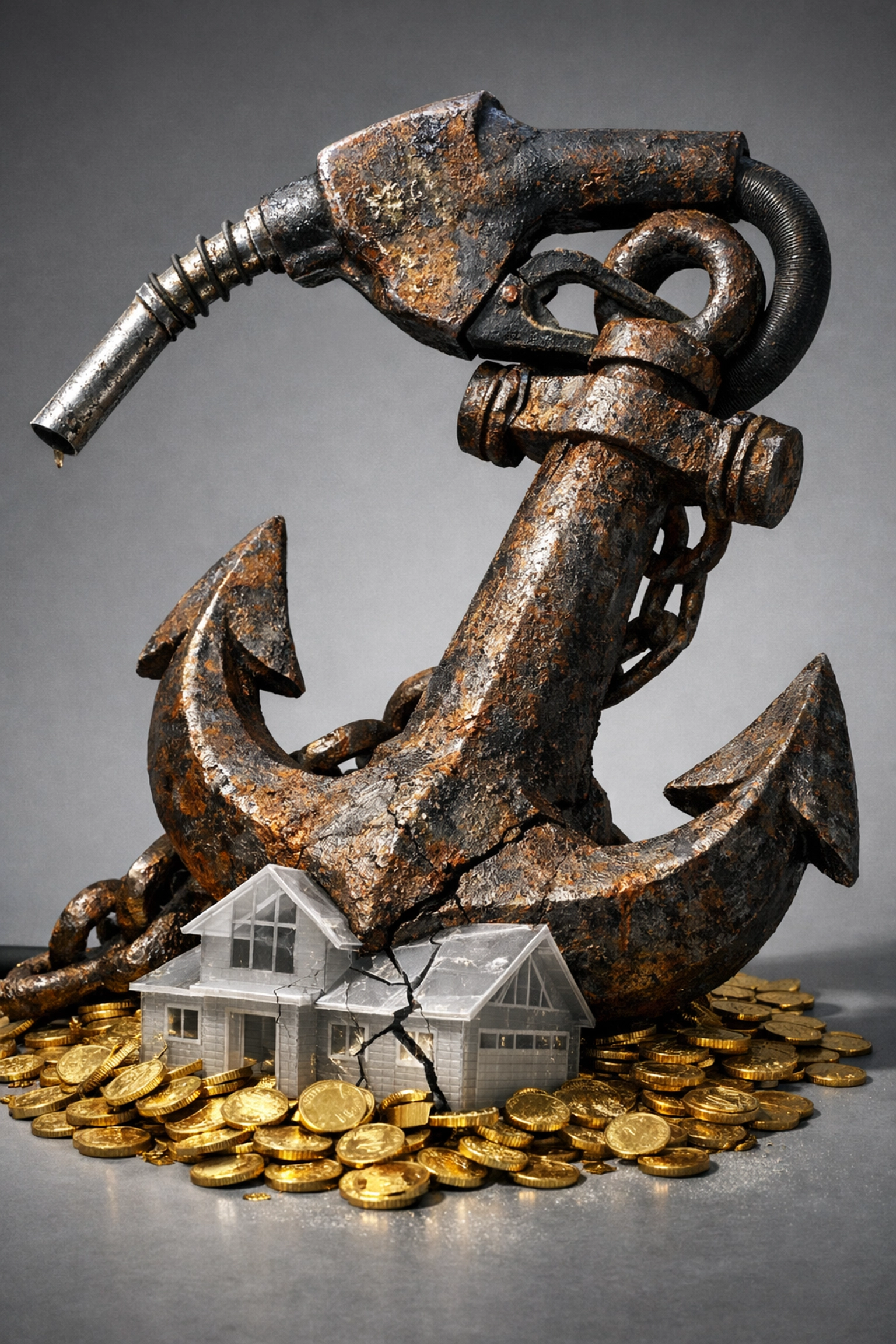 A gas pump anchor crushing coins and a house, showing how rising energy costs and inflation impact families.