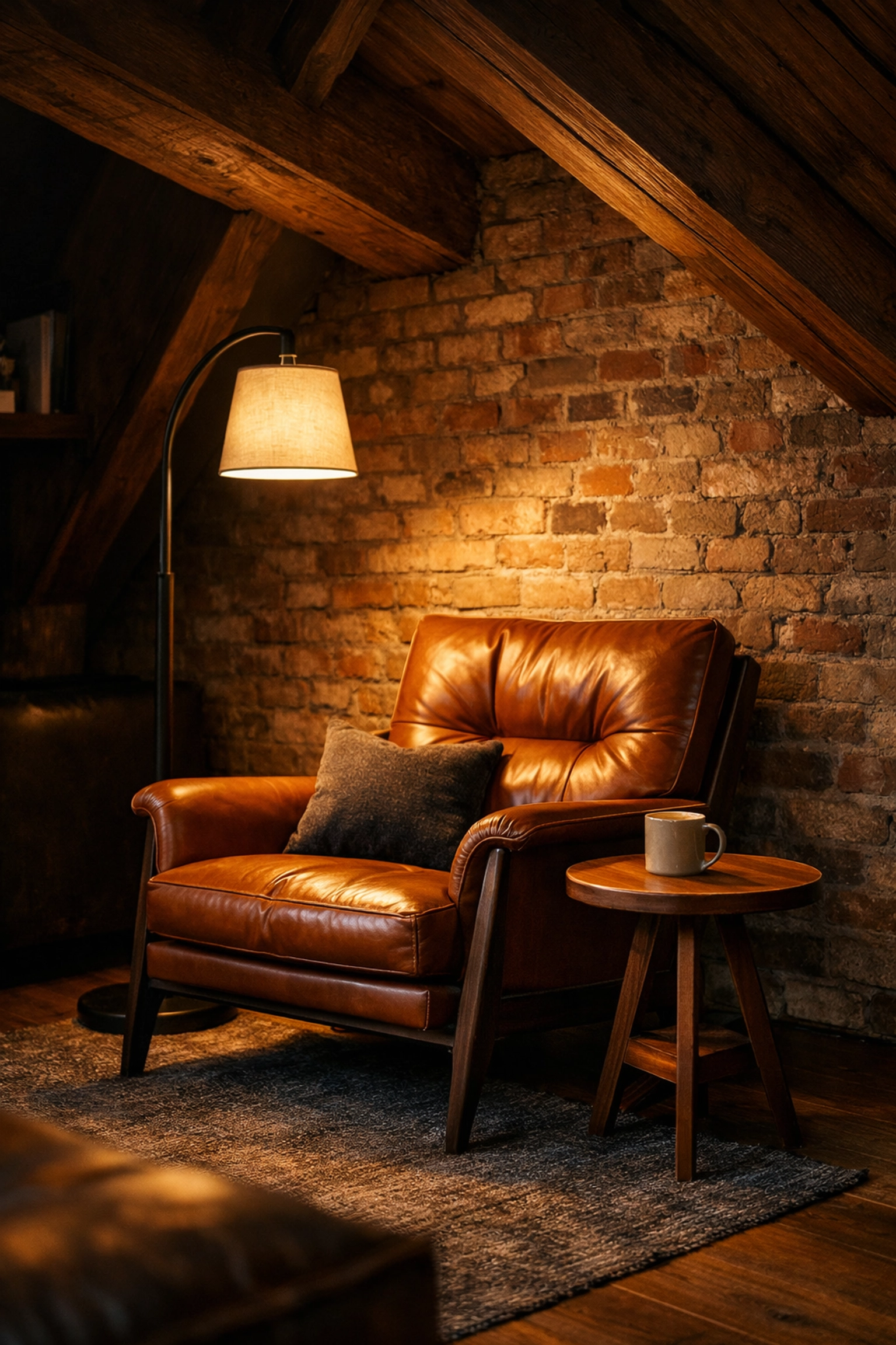 Cozy loft conversion lounge in Bognor Regis featuring exposed brick and warm lighting.