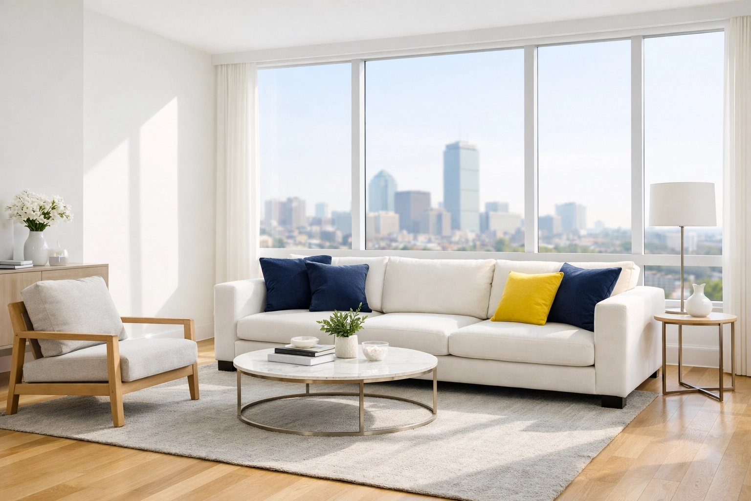 Pristine modern Boston apartment living room after a professional move-in cleaning and turnover service.