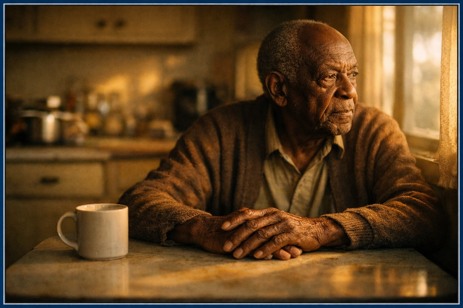 Elderly man living alone in LA kitchen illustrating the isolation risks seniors face Elderly man living alone in LA kitchen illustrating the isolation risks seniors face