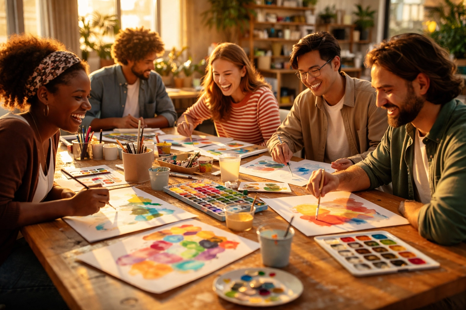 Colleagues sharing laughter and creativity at a group art workshop, highlighting a corporate retreat focused on genuine team connection.