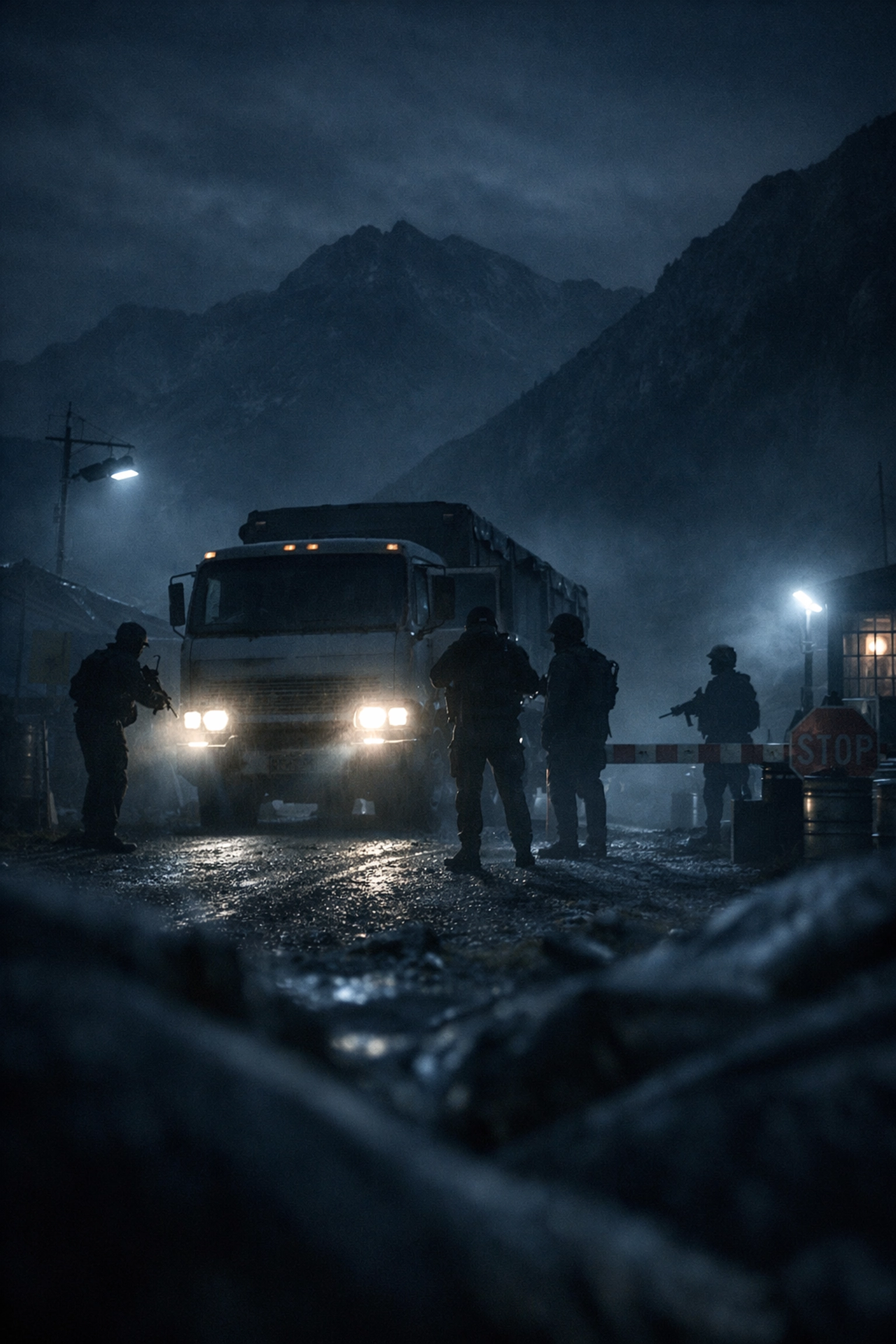 Nighttime checkpoint crossing during dangerous refugee escape from Afghanistan to Pakistan