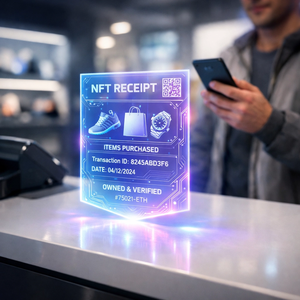 Holographic NFT receipt at crypto POS checkout demonstrating Web3 retail innovation