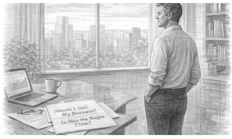 A business owner stands in an office, gazing out at city buildings, deep in thought.