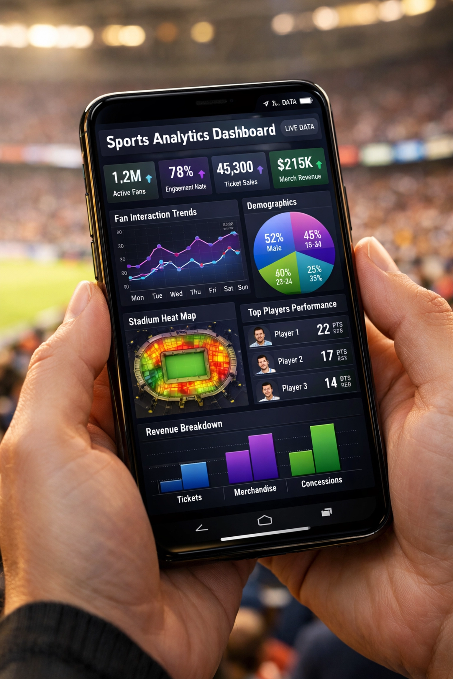 Sports marketing analytics dashboard showing real-time fan engagement data and venue metrics