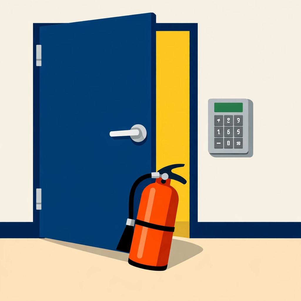 Illustration showing an office security risk where a secure door is propped open by an extinguisher.