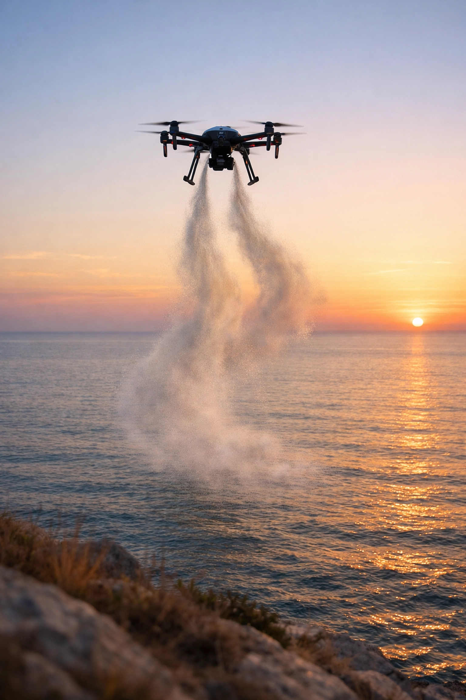A memorial drone scattering ashes at sea for a couple during a serene sunset ceremony.
