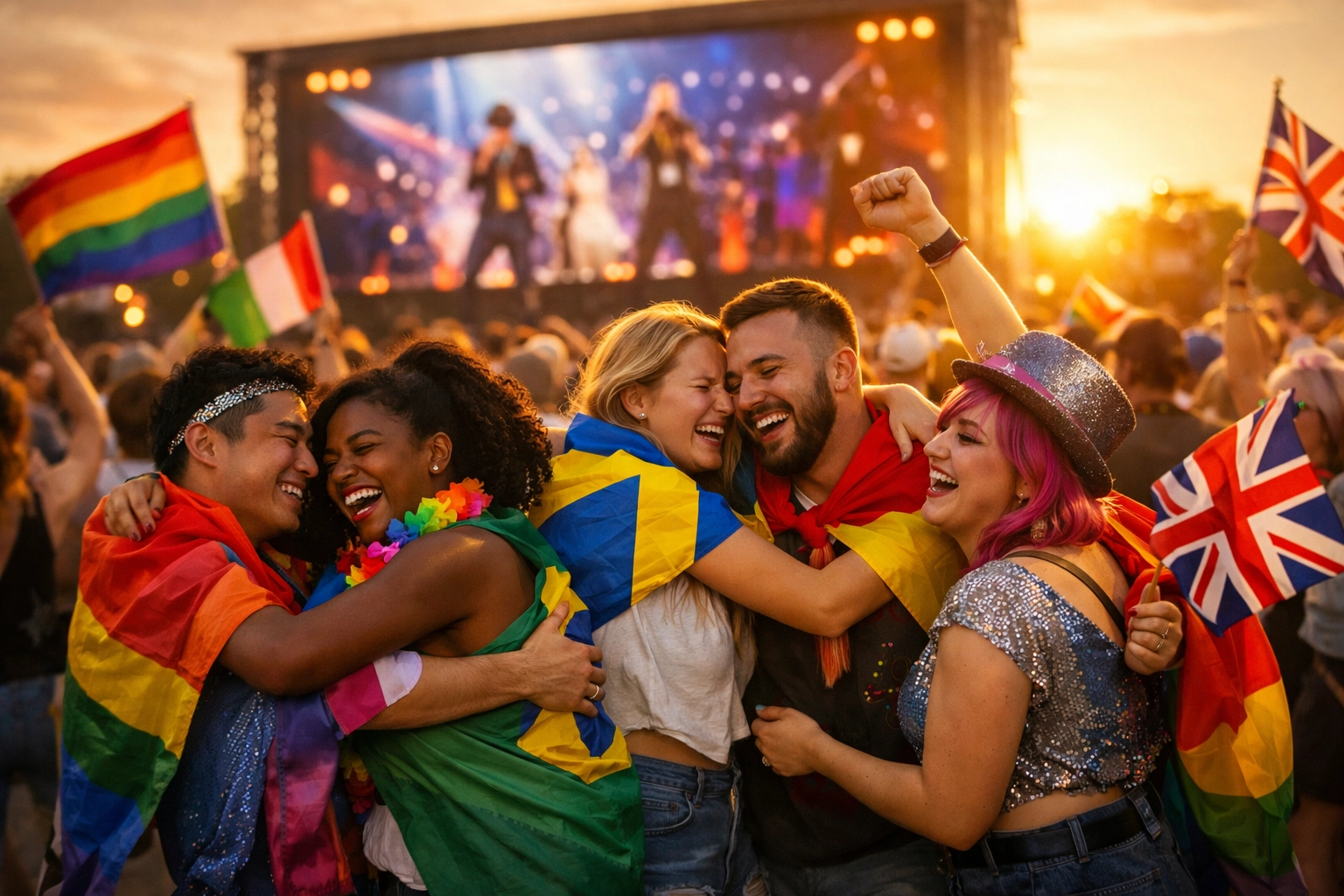 Diverse LGBTQ+ Eurovision fans from different countries celebrating together at outdoor viewing