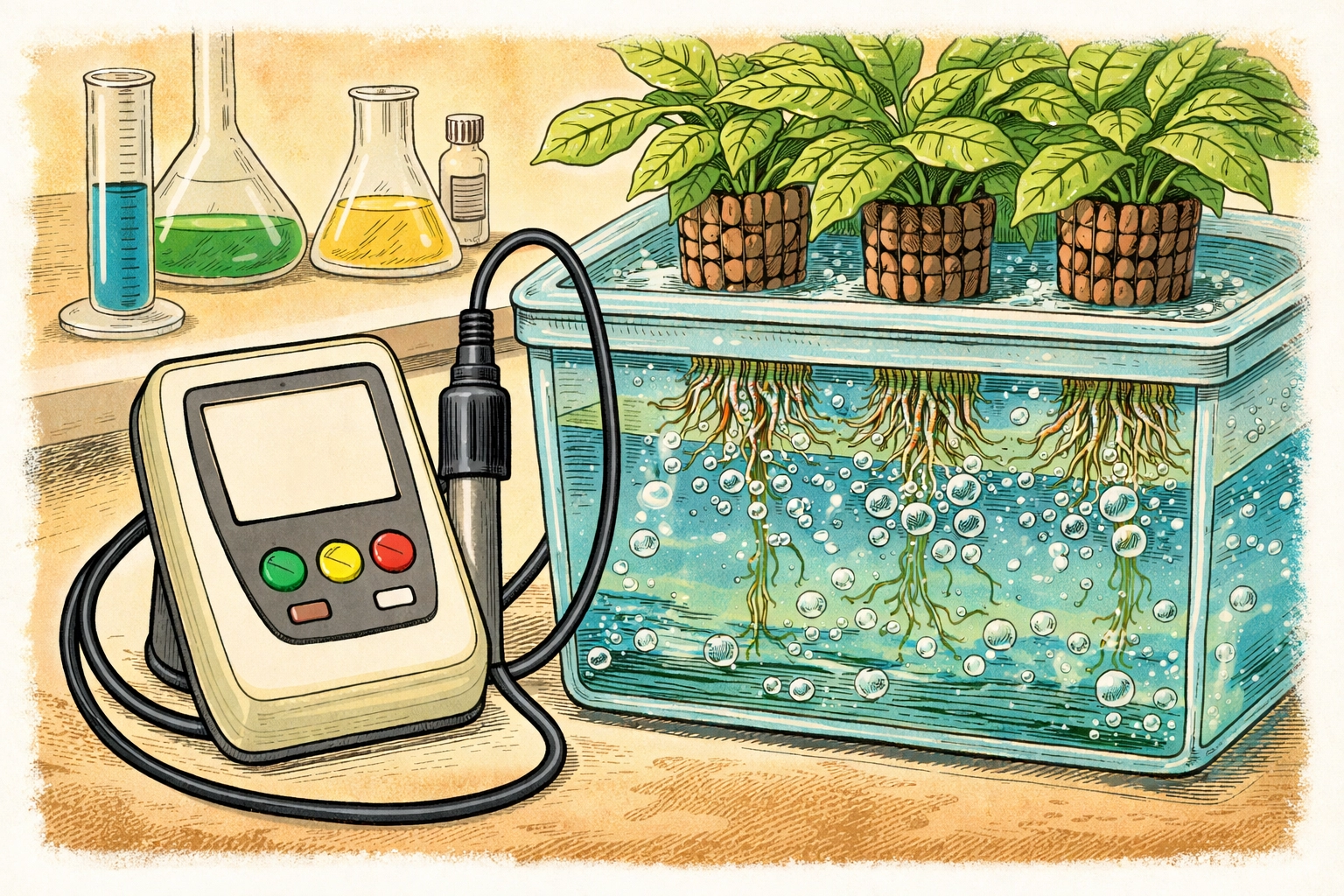 Vintage lab scene with a cartoon scientist testing bubbly water, roots thriving, showing dissolved oxygen measurement in hydroponics.