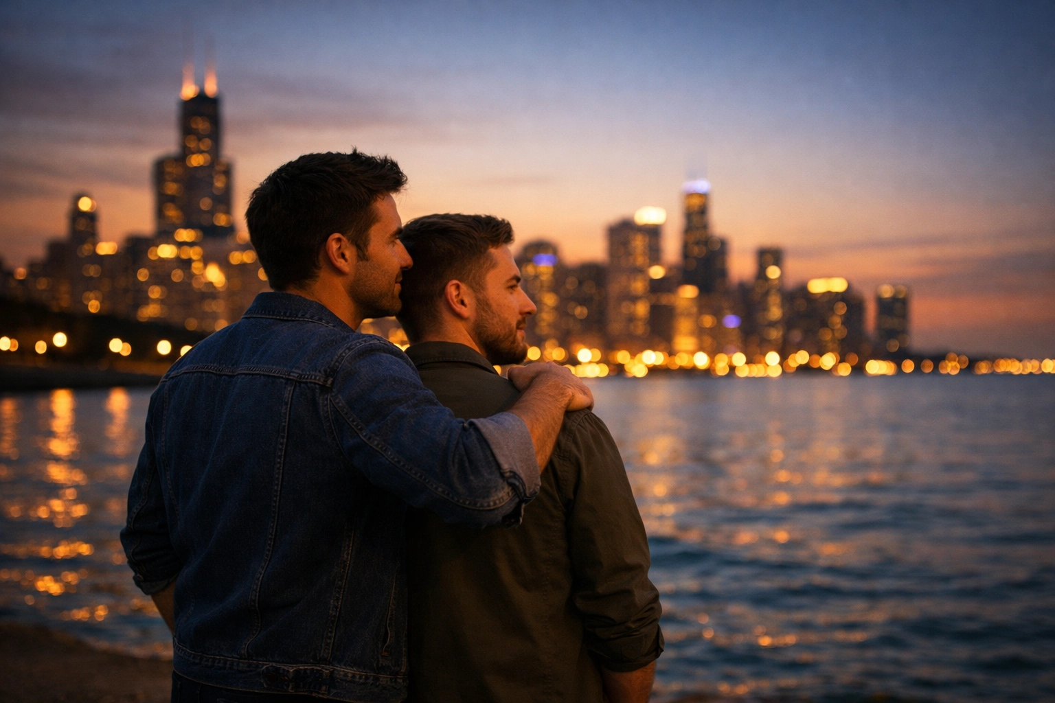Two gay men enjoying the Chicago skyline at sunset, a top destination for safe and inclusive LGBTQ+ travel.