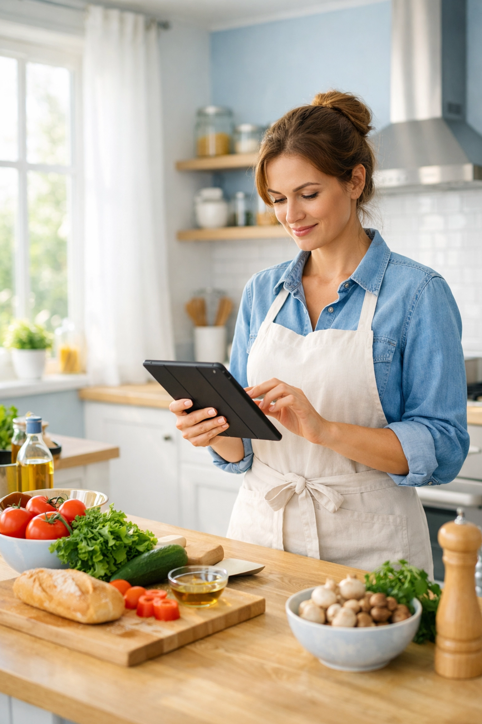 Culinary Associate using tablet in home kitchen providing professional nutrition support services