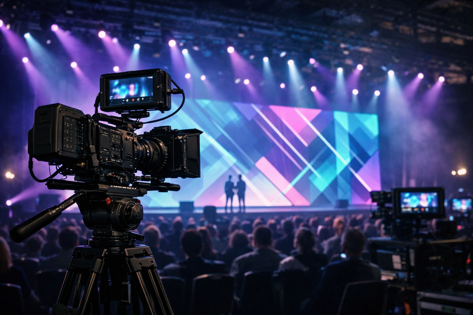 Professional event video production and conference videography equipment at a large business summit.