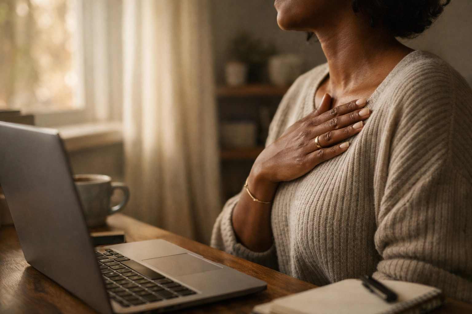 Maria with a gentle, confident expression, pausing to regulate before creating and looking softly toward her laptop