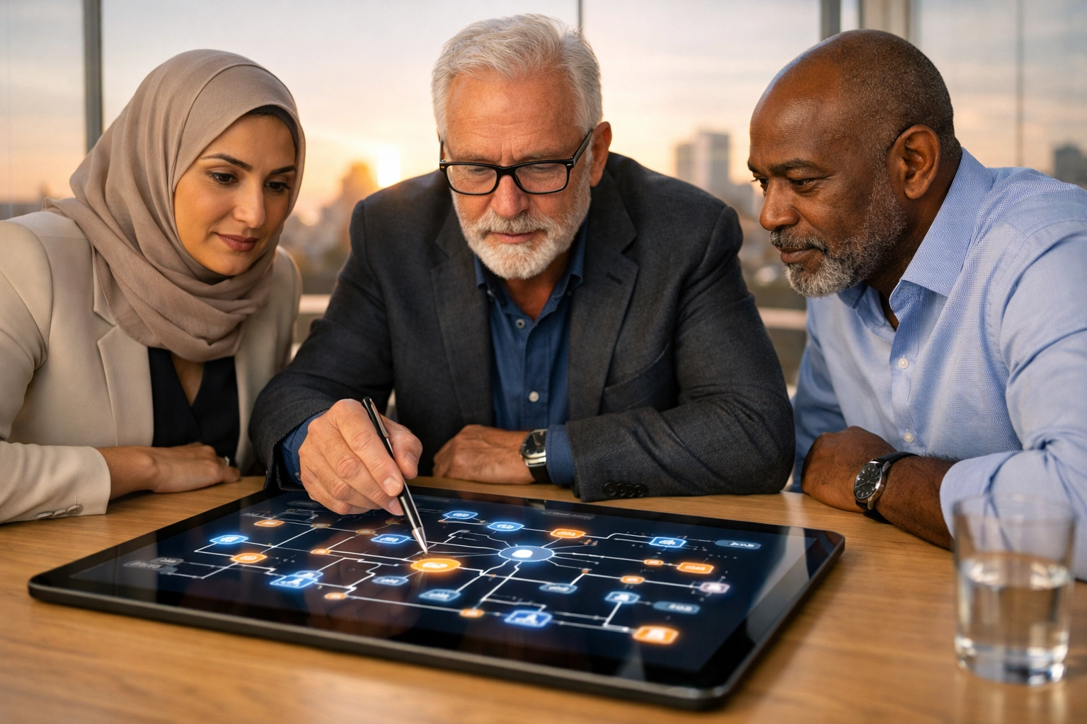 IT strategy team reviewing digital workflows for a ServiceNow Agentic AI implementation in a boardroom.