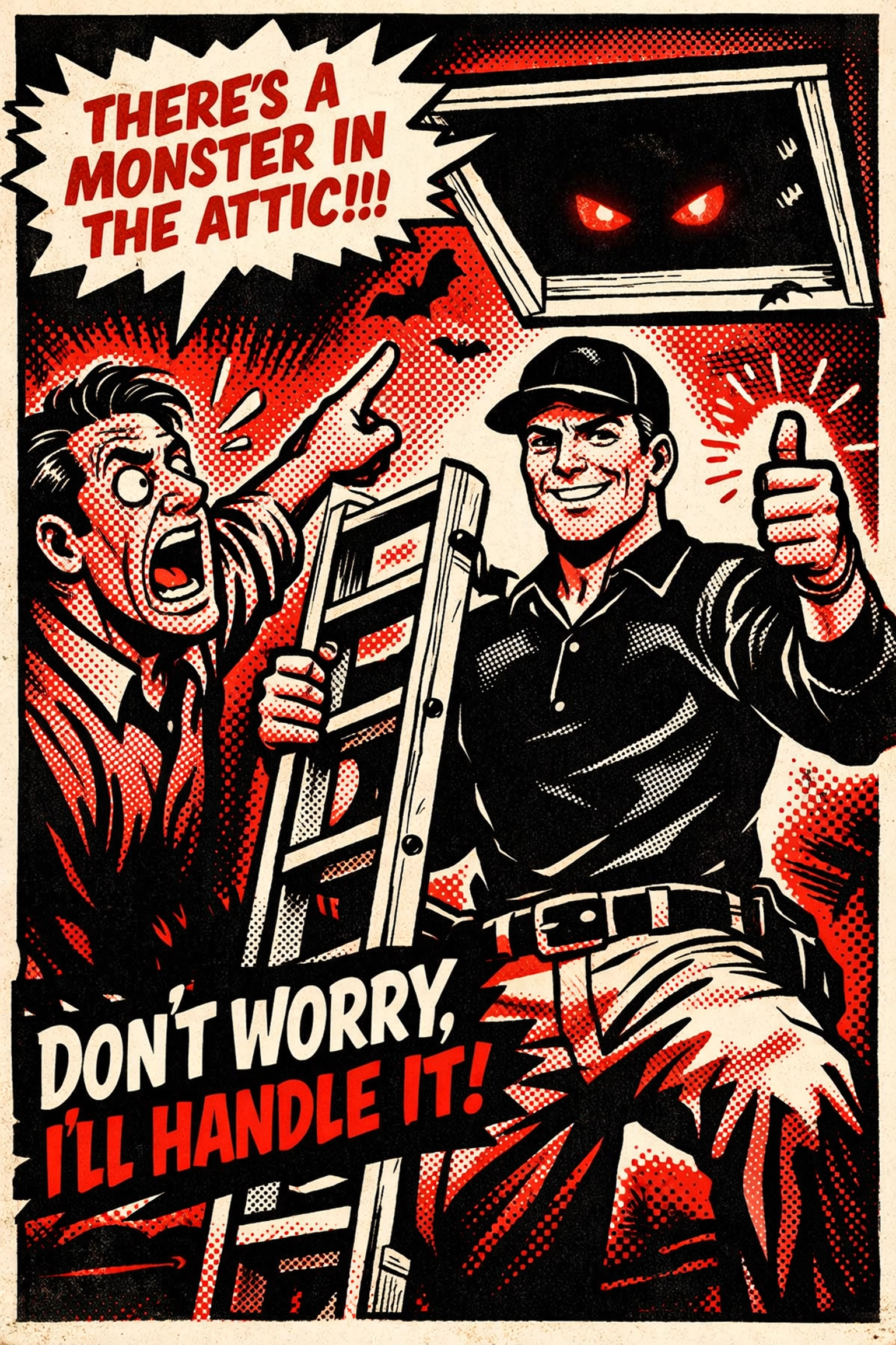 Pest control expert using a ladder to handle wildlife and mice in a Birmingham attic safely.