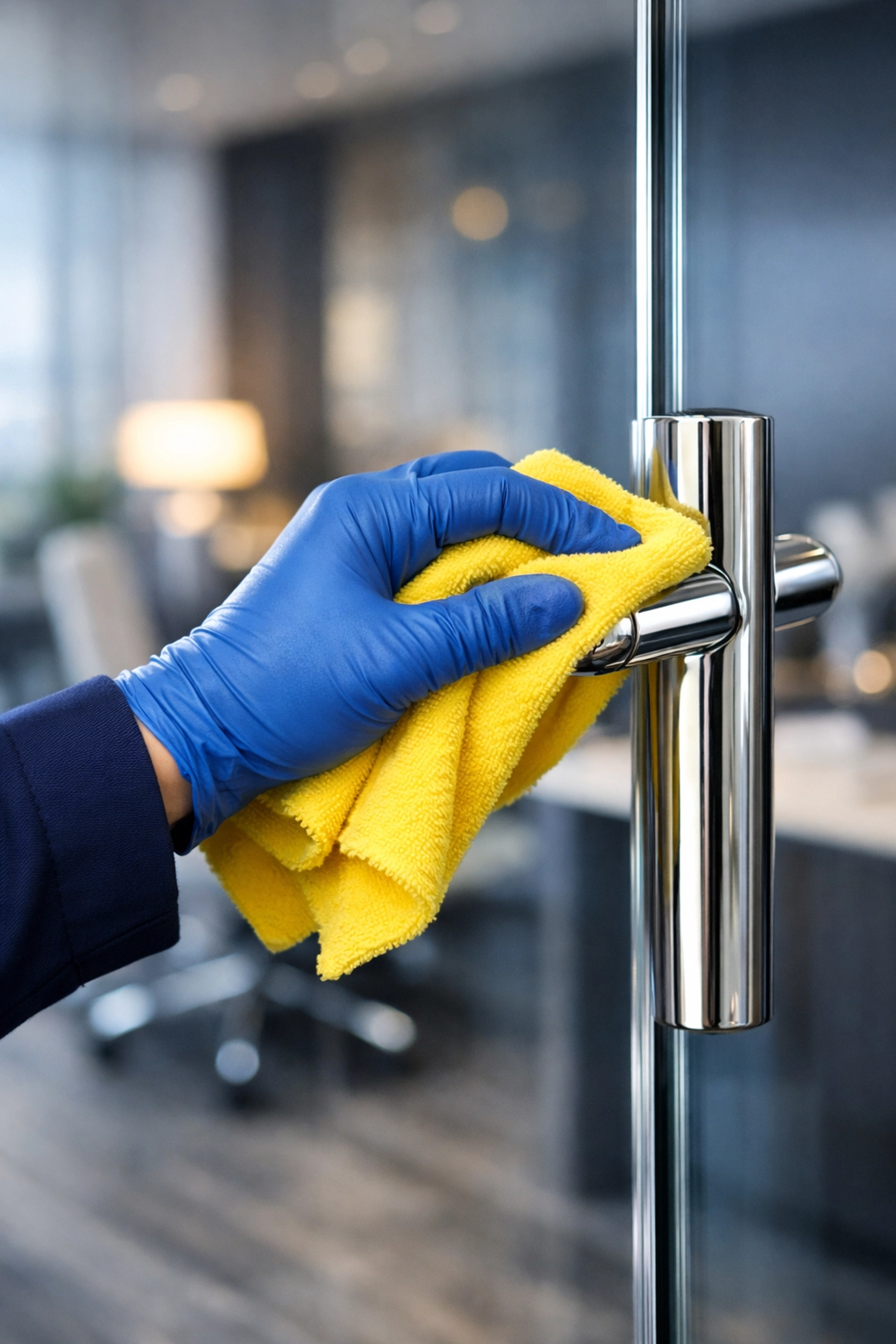 Professional cleaner sanitizing a chrome door handle in a Chelsea office to ensure a healthy workspace.