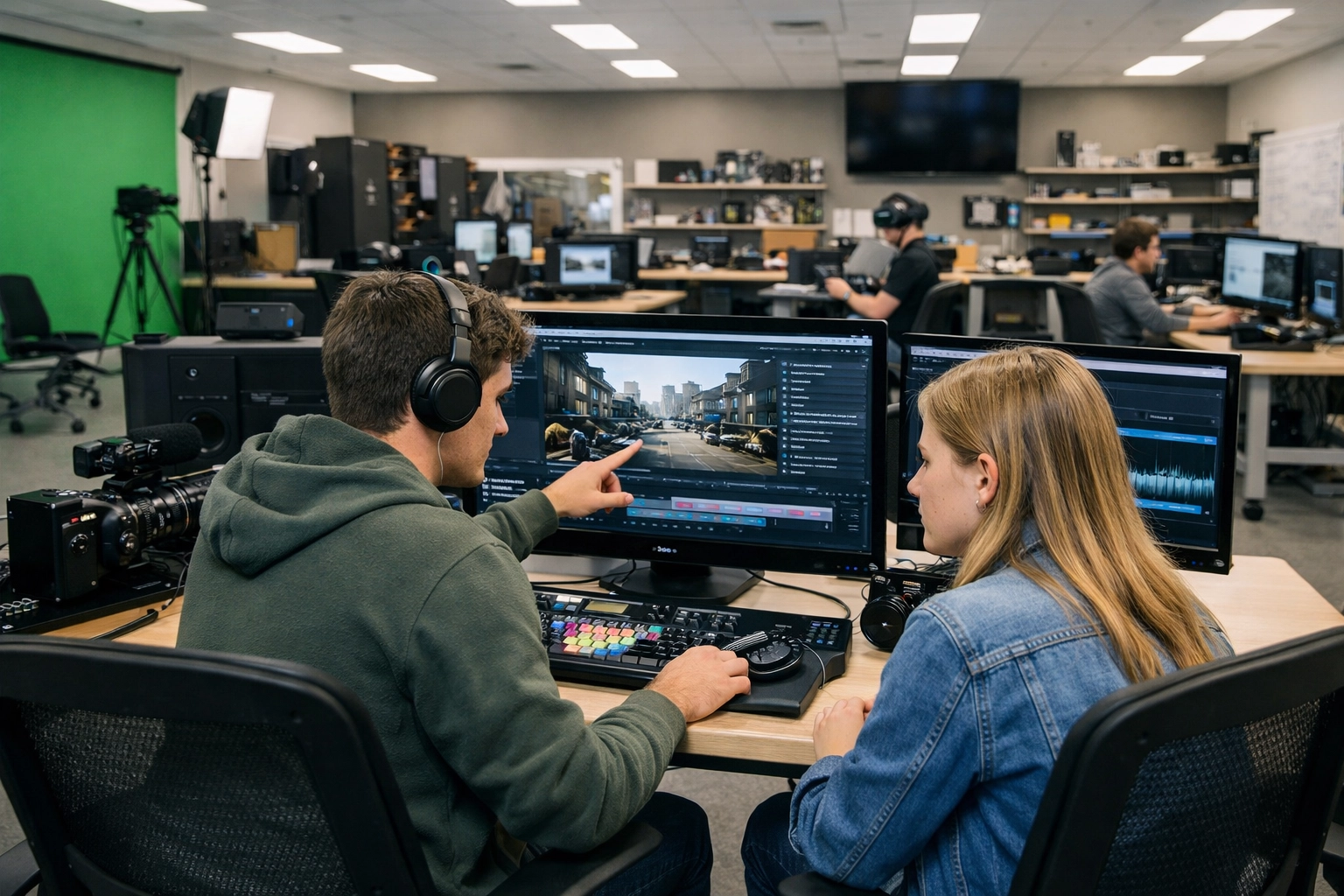 High school students collaborating on digital media and educational simulation projects in a modern innovation lab.