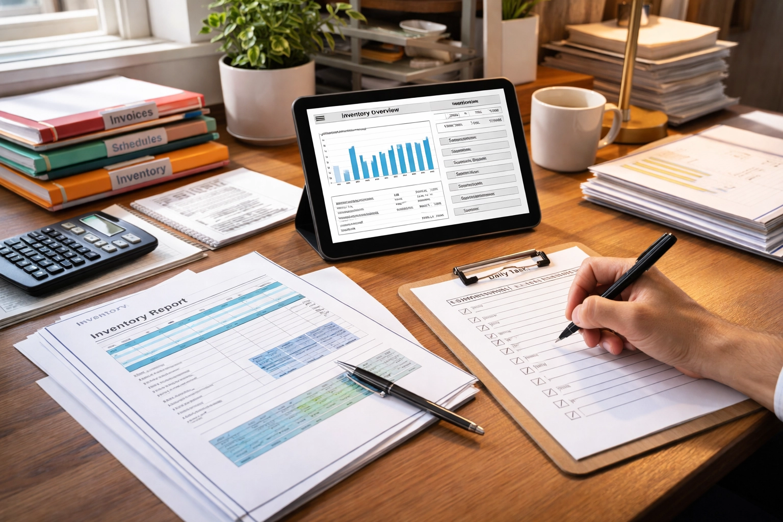 Restaurant manager’s desk with paperwork and inventory tablet highlights FDA traceability compliance