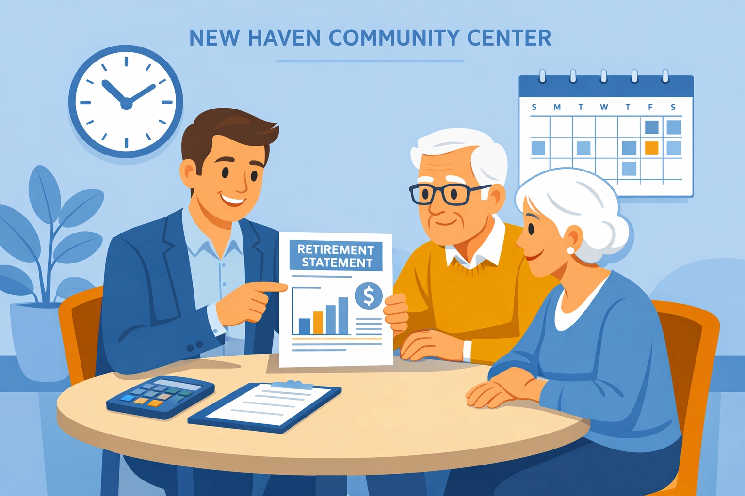 Tax counseling for elderly residents in New Haven featuring a consultant helping a senior couple.