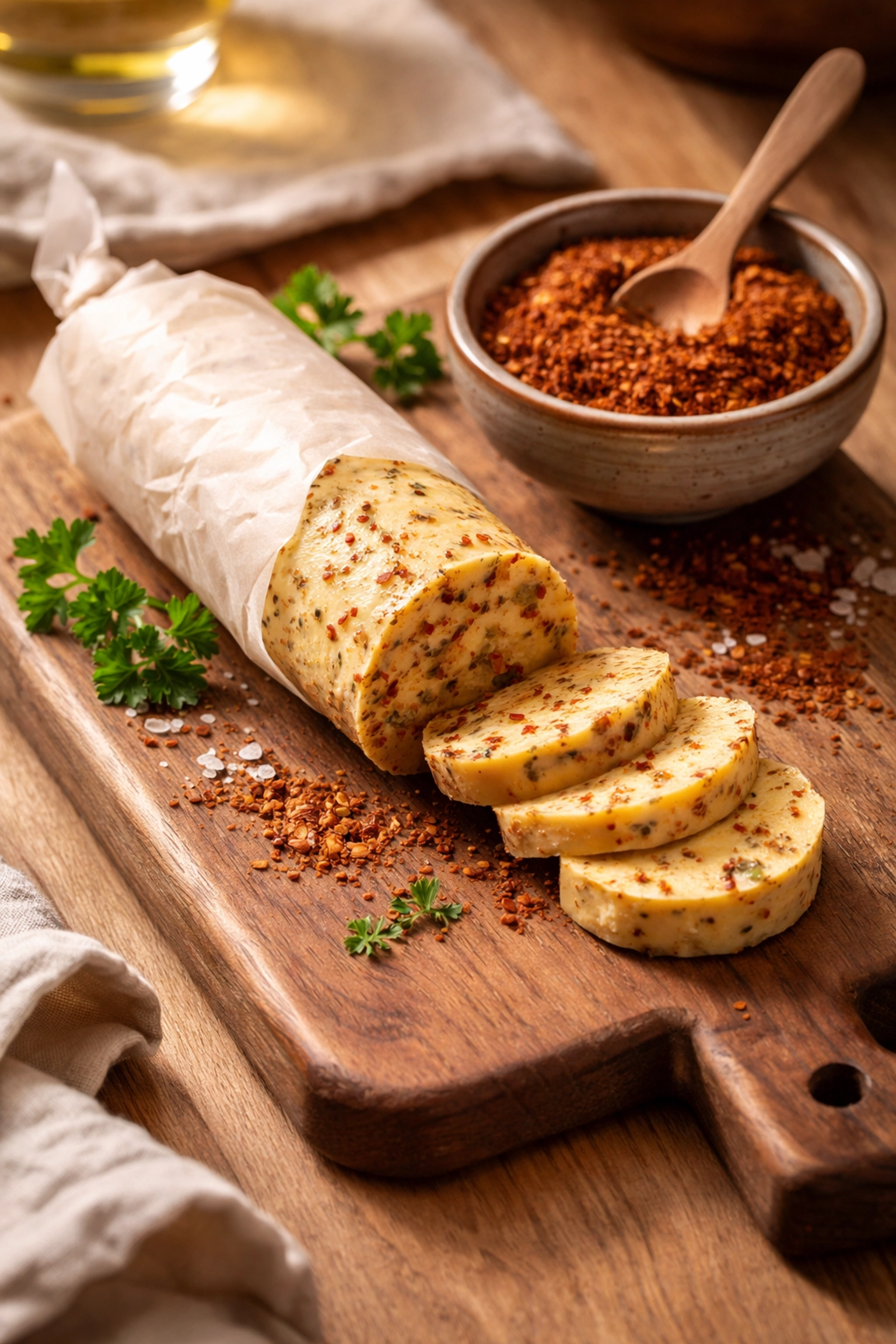 Sliced BBQ rub compound butter log on rustic cutting board with bowl of seasoning