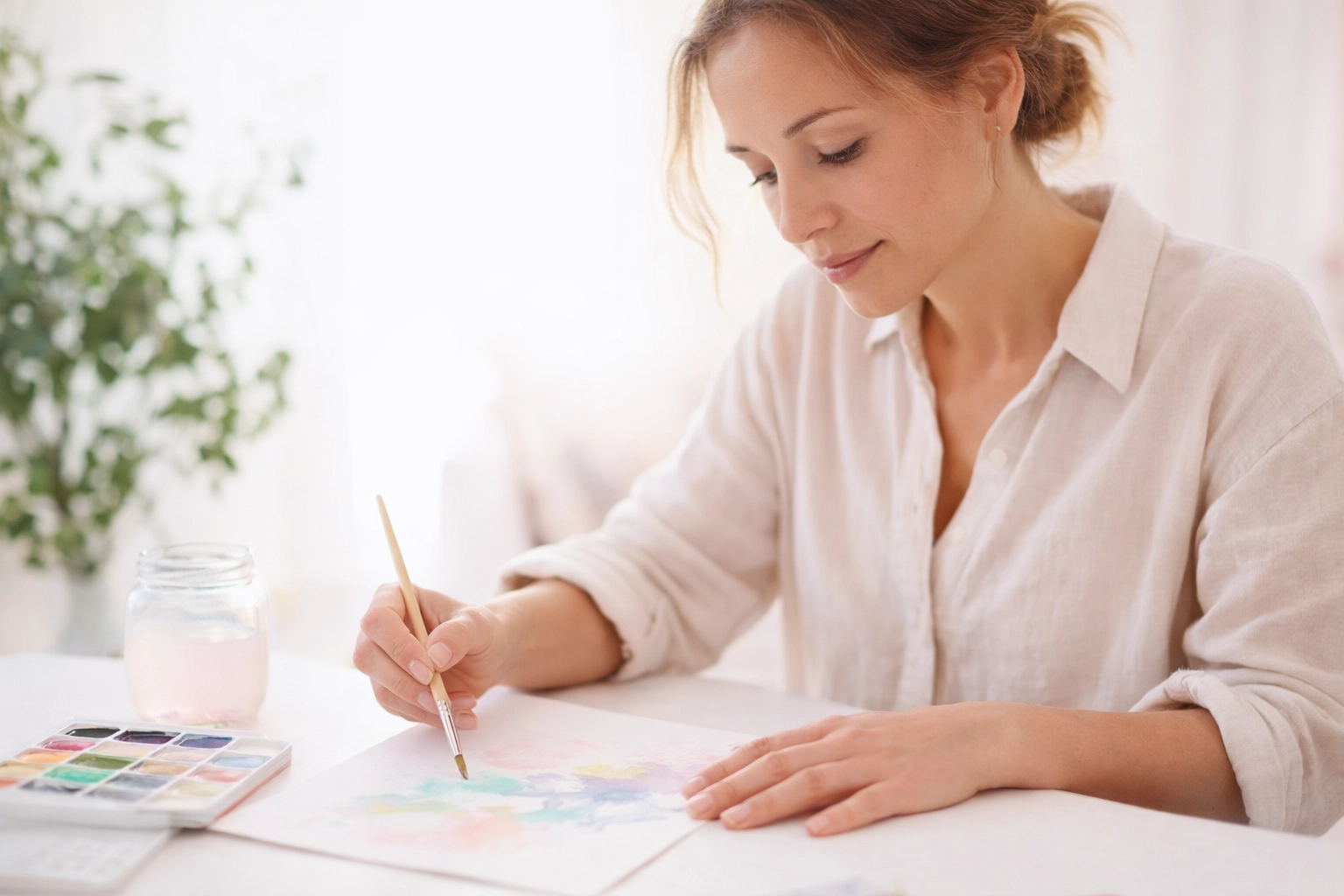 A person painting in a calm, focused flow state in a bright, contemporary space.
