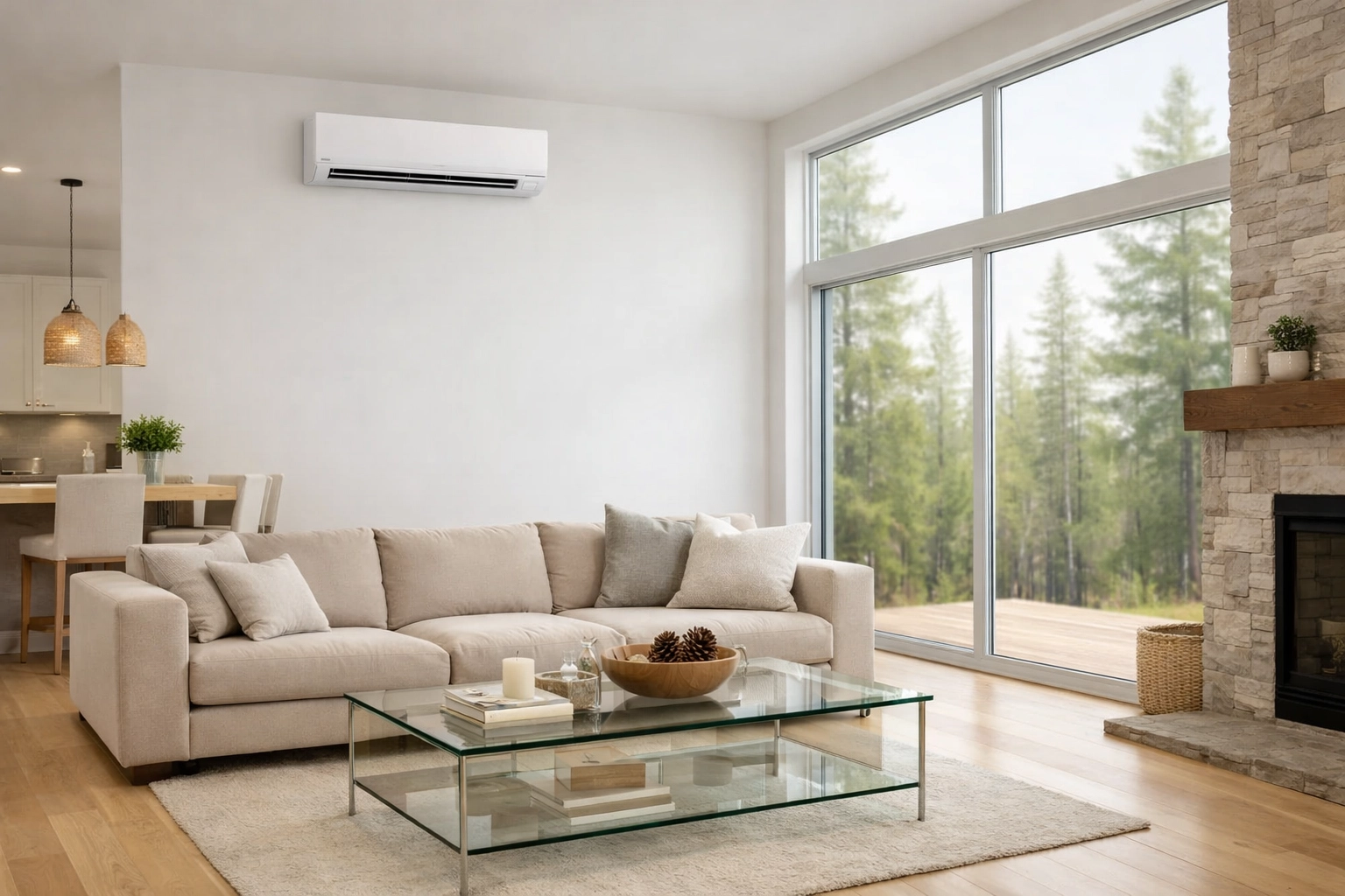 Modern Maine living room with a sleek wall-mounted mini-split indoor unit for quiet climate control.