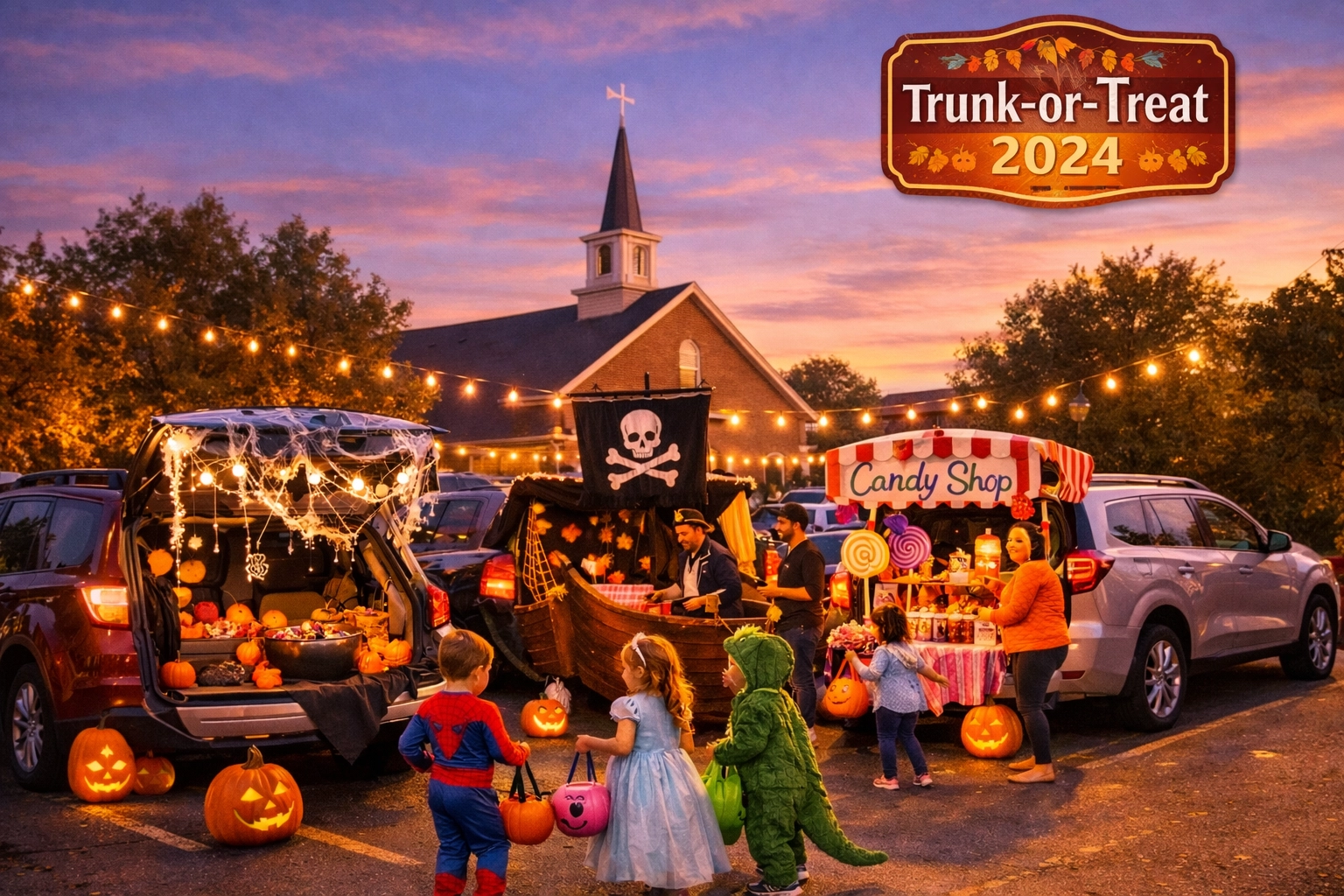 Children in Halloween costumes collecting candy at a Trunk-or-Treat event in Summerville