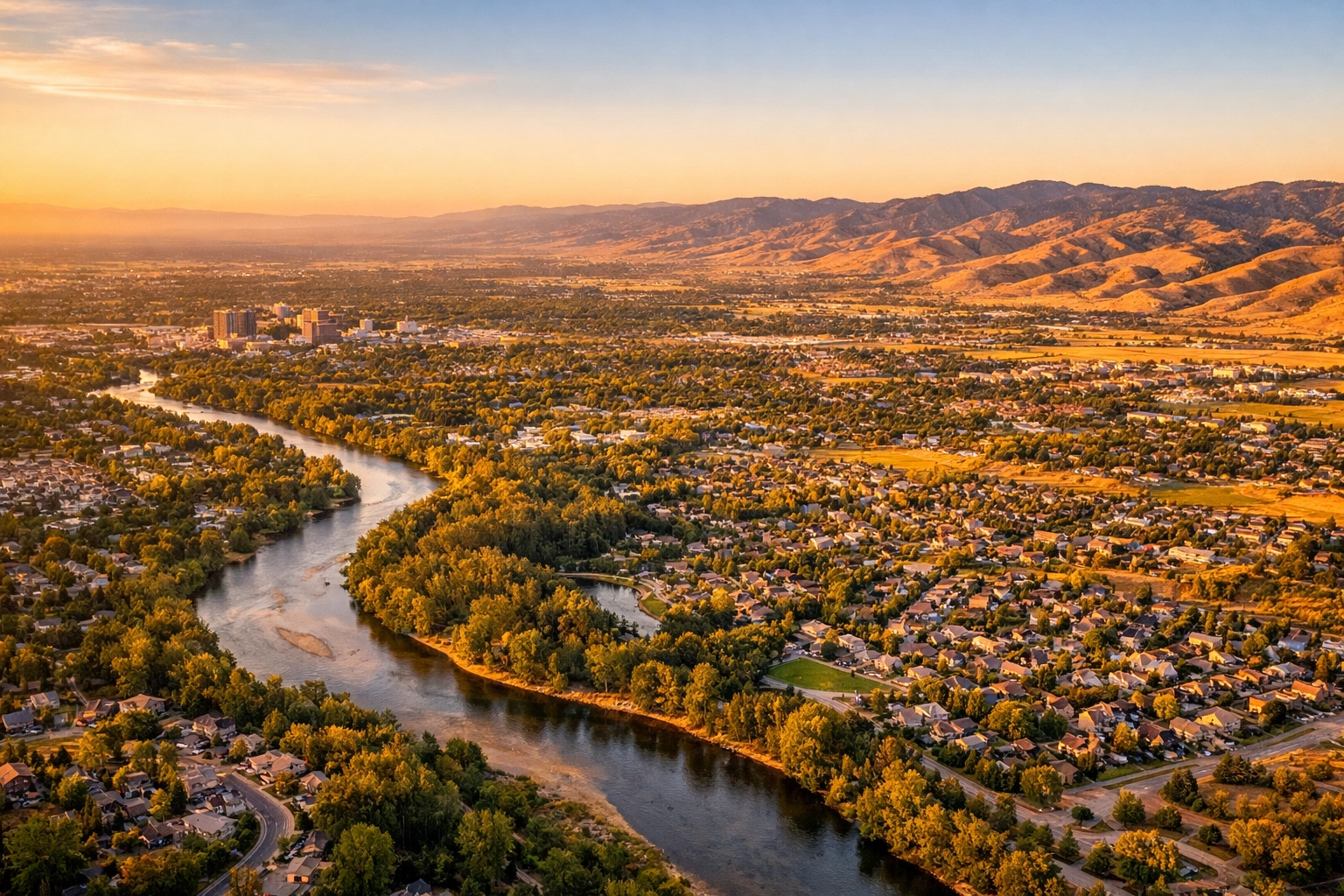 Aerial view of Treasure Valley showing Boise, Meridian, Eagle, and Star neighborhoods with foothills