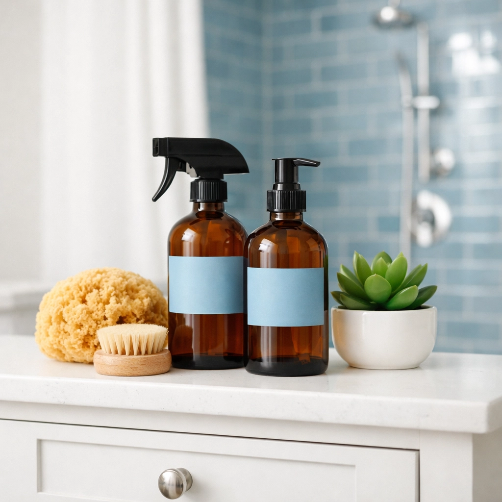 Eco-friendly cleaning products on a clean bathroom vanity in a luxury Marblehead home using sustainable ninja methods.