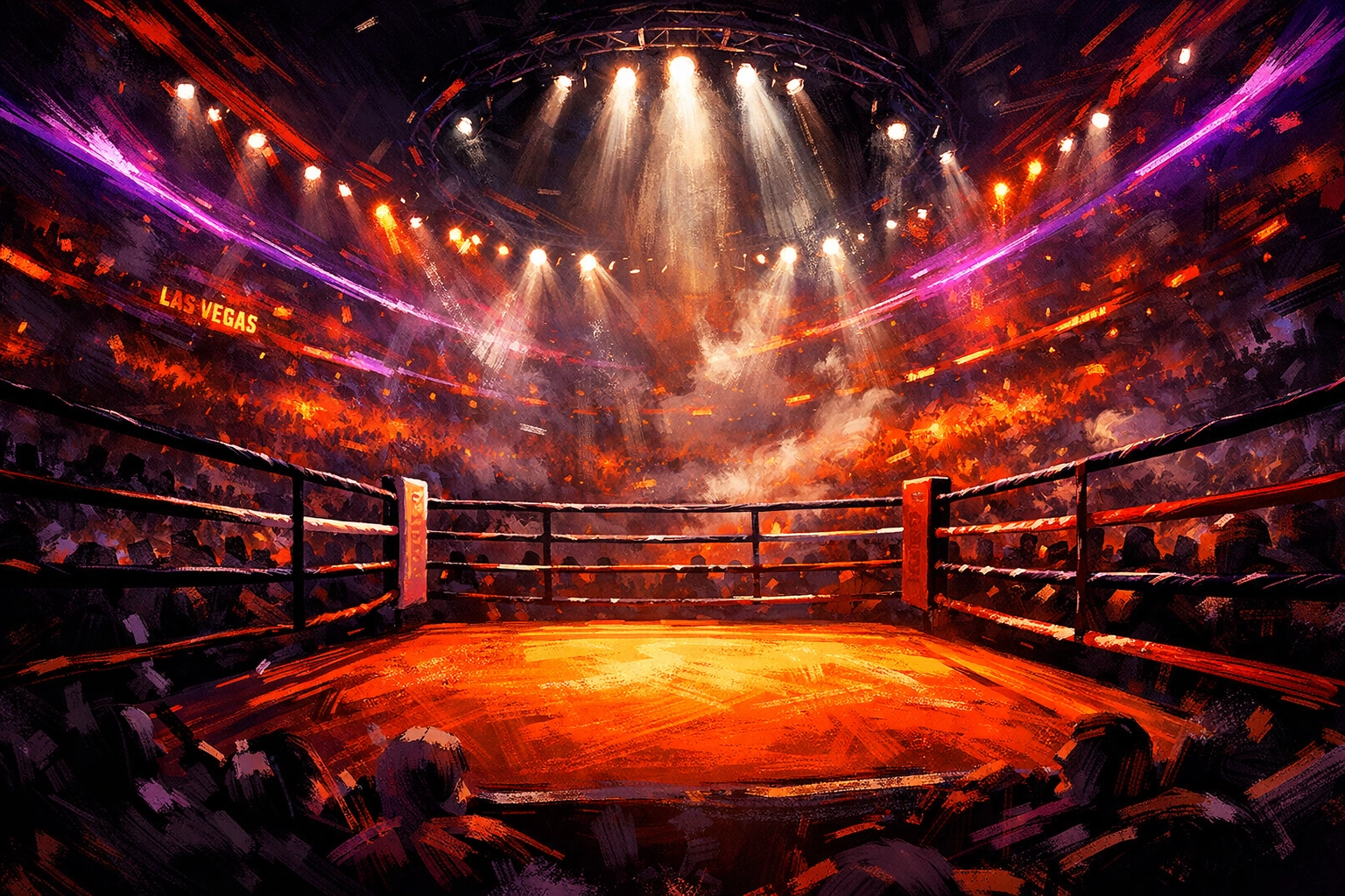 A packed Las Vegas boxing arena with intense spotlights on the ring for the Pacquiao vs Provodnikov fight.