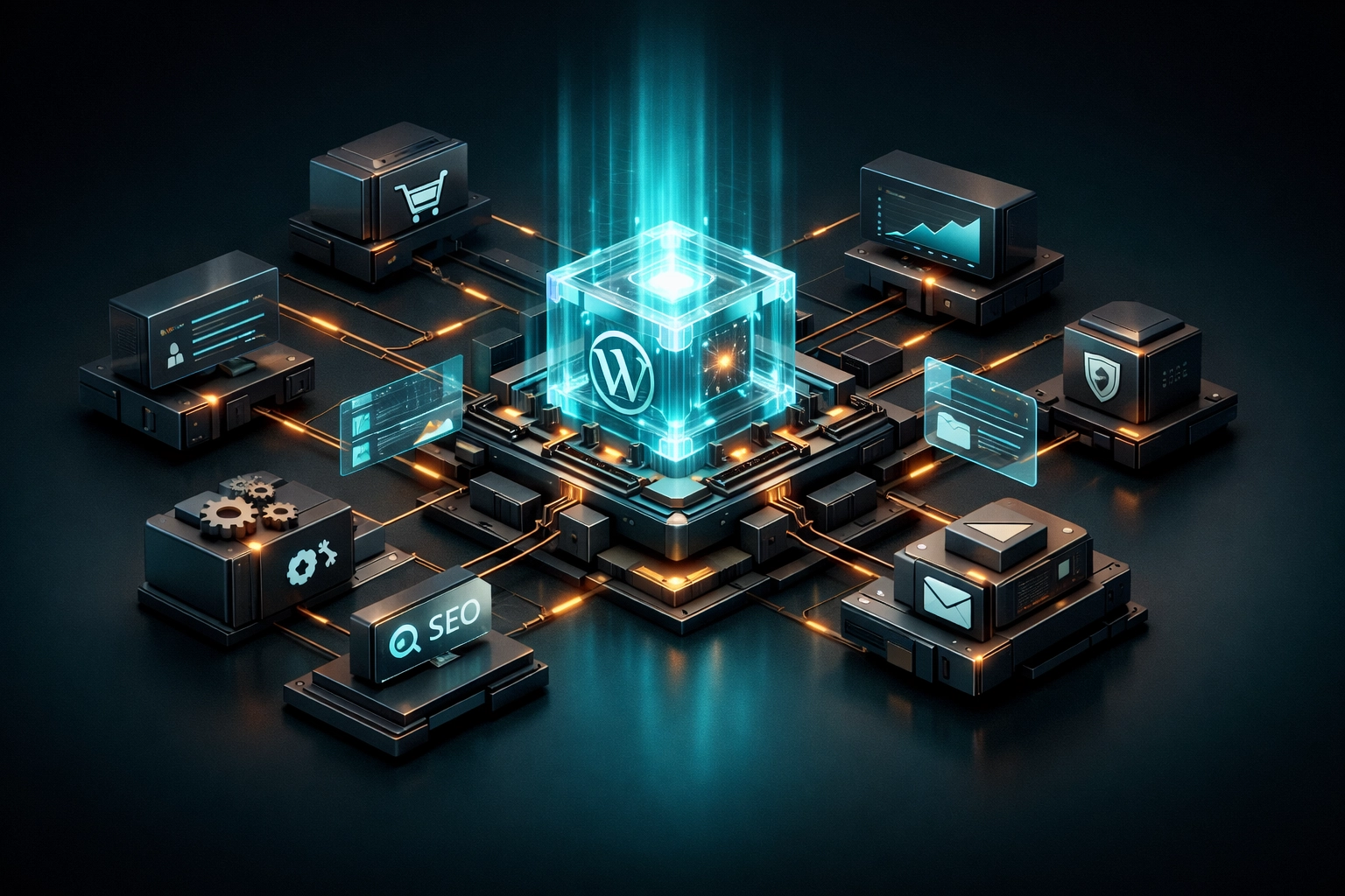 Symmetric WordPress core architecture with modular plugins representing a complex business website foundation.