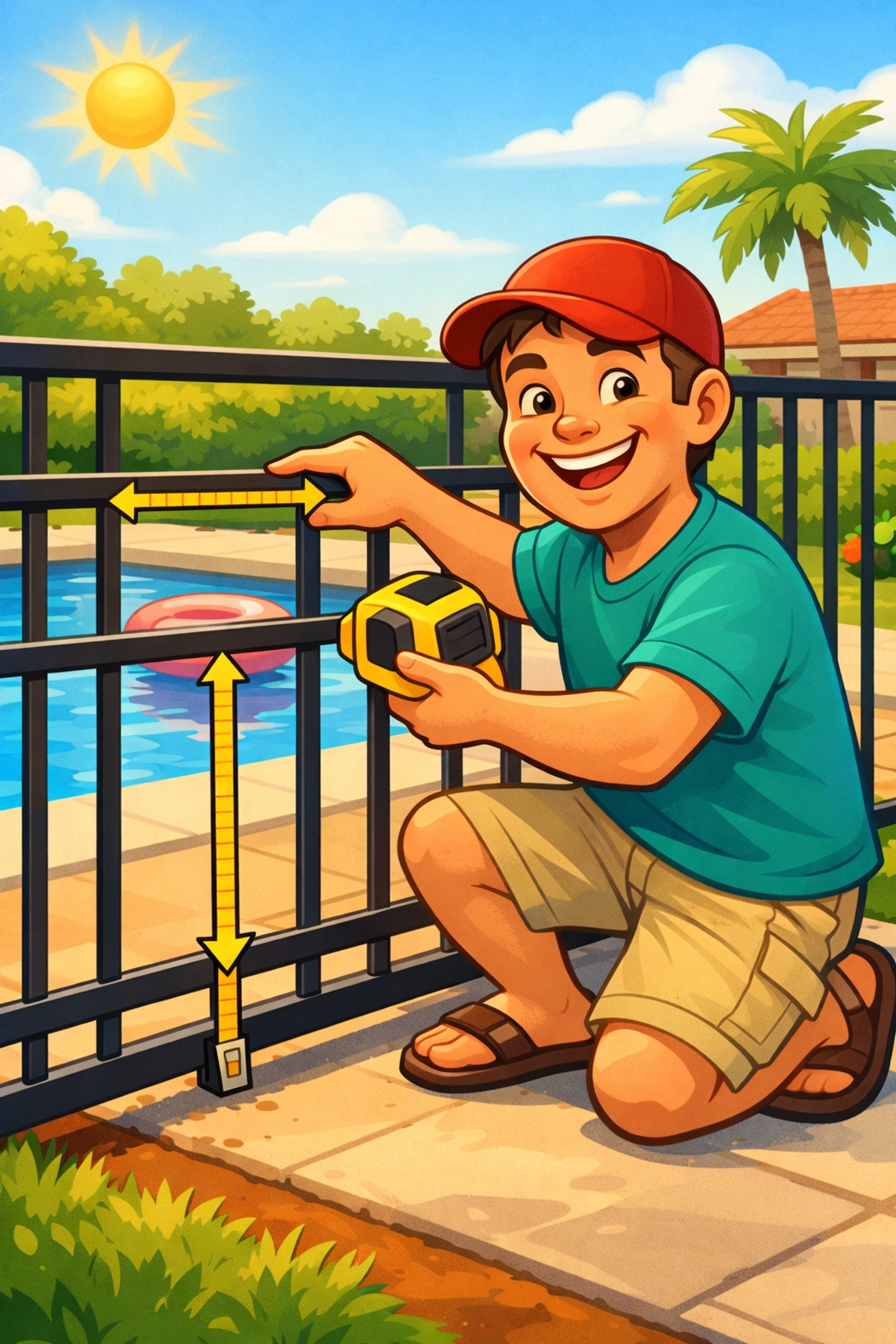 Homeowner checking fence measurements before a pool inspection Gold Coast.