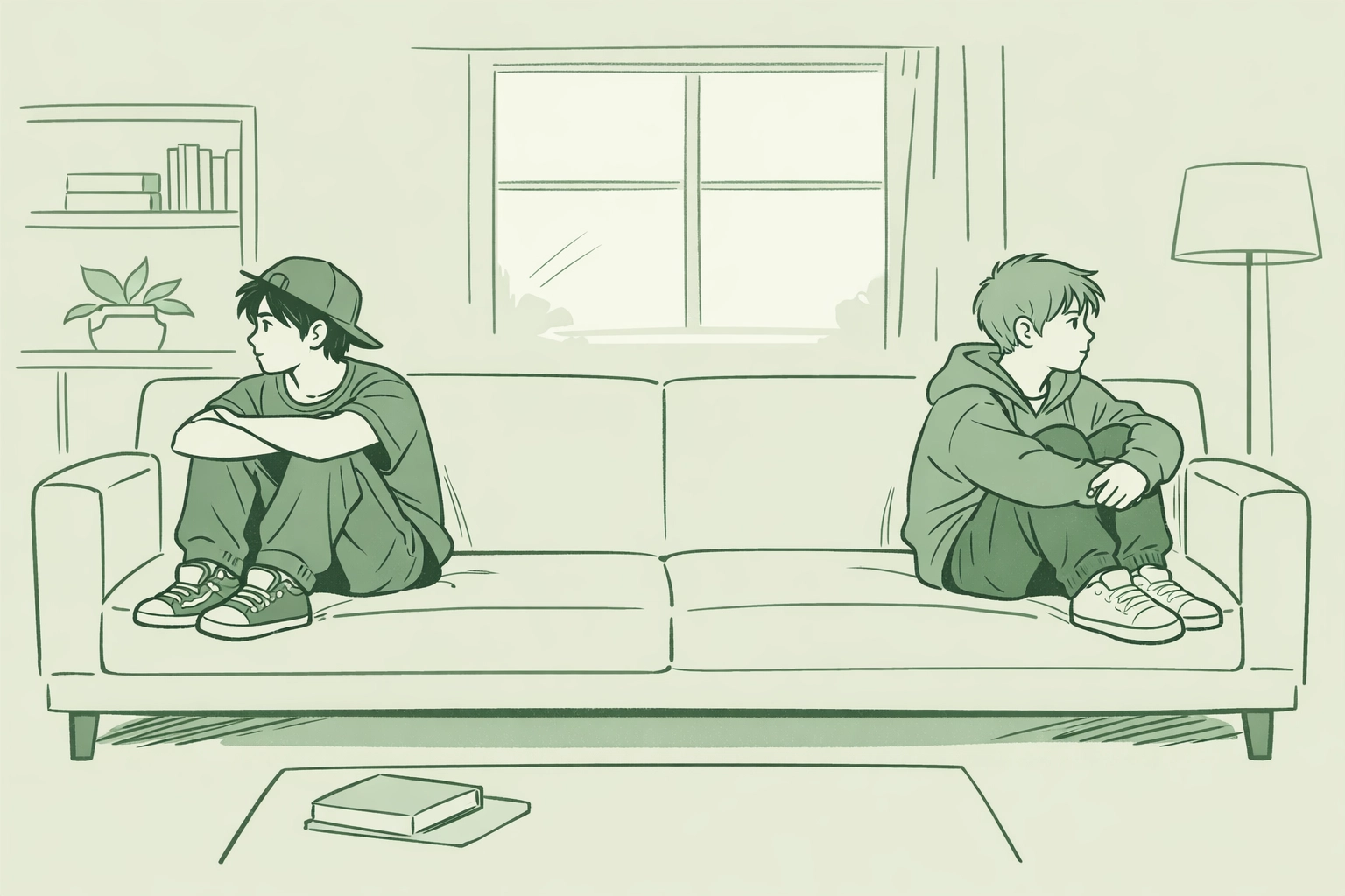 Two step-brothers sitting apart in living room showing emotional distance in MM romance story
