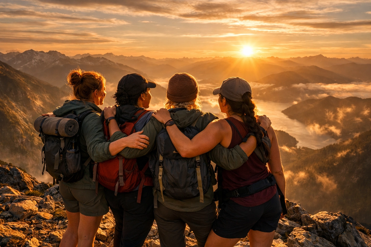 Four lesbian women hiking together at sunset, representing queer community building in outdoor and sports activities.