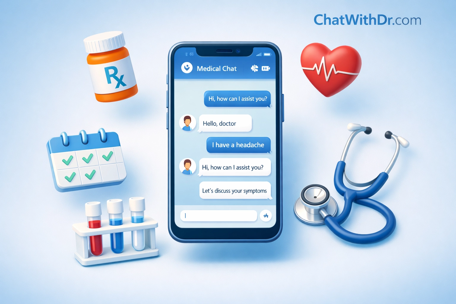 Smartphone displaying online medical chat with healthcare service icons for text-based primary care